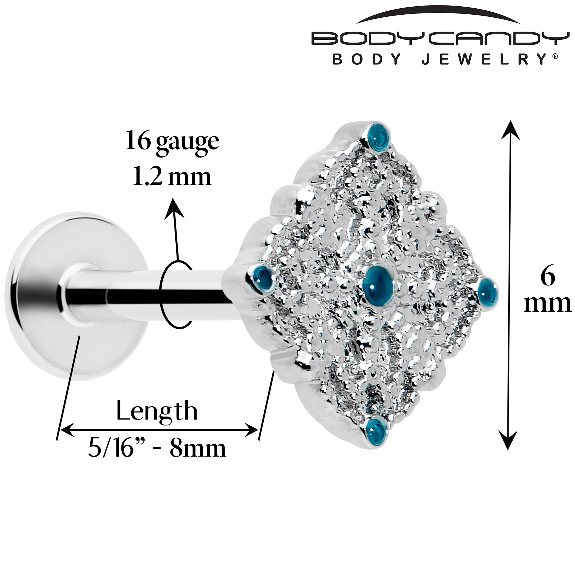 16G 5/16 Blue Embellished Lacy Rhombus Labret Monroe Tragus - Image 2