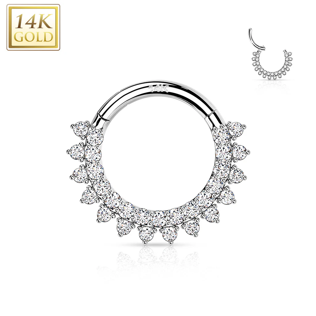 16G 5/16 Clear CZ Gem Solid 14k Gold Forward Facing Double Row Hinged Segment Ring - Image 2