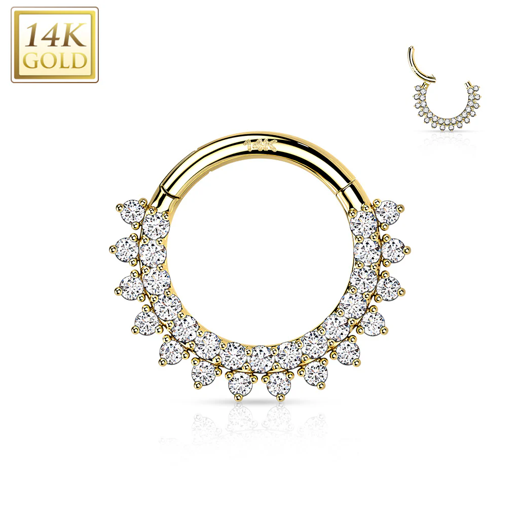 16G 5/16 Clear CZ Gem Solid 14k Gold Forward Facing Double Row Hinged Segment Ring - Image 3