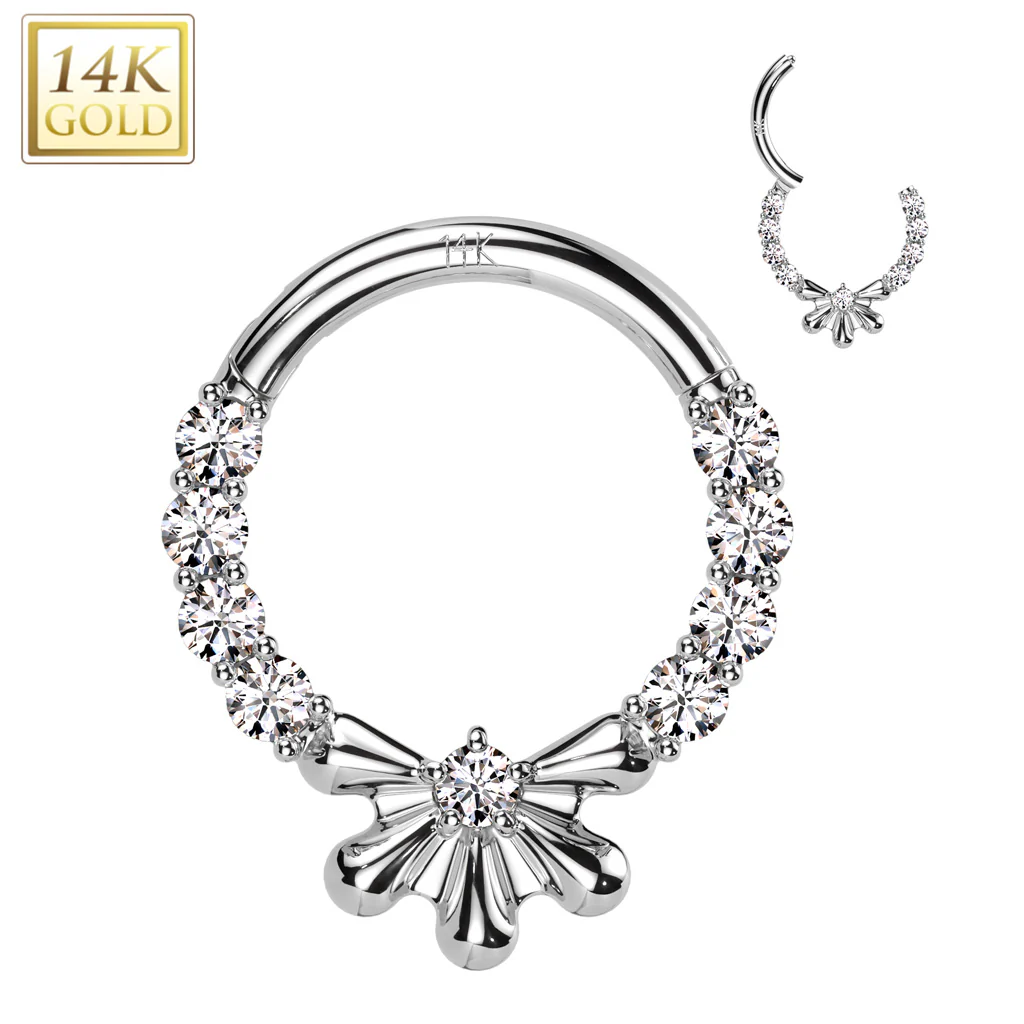 16G 5/16 Clear CZ Gem Solid 14k Gold Forward Facing Flower Hinged Segment Ring - Image 2
