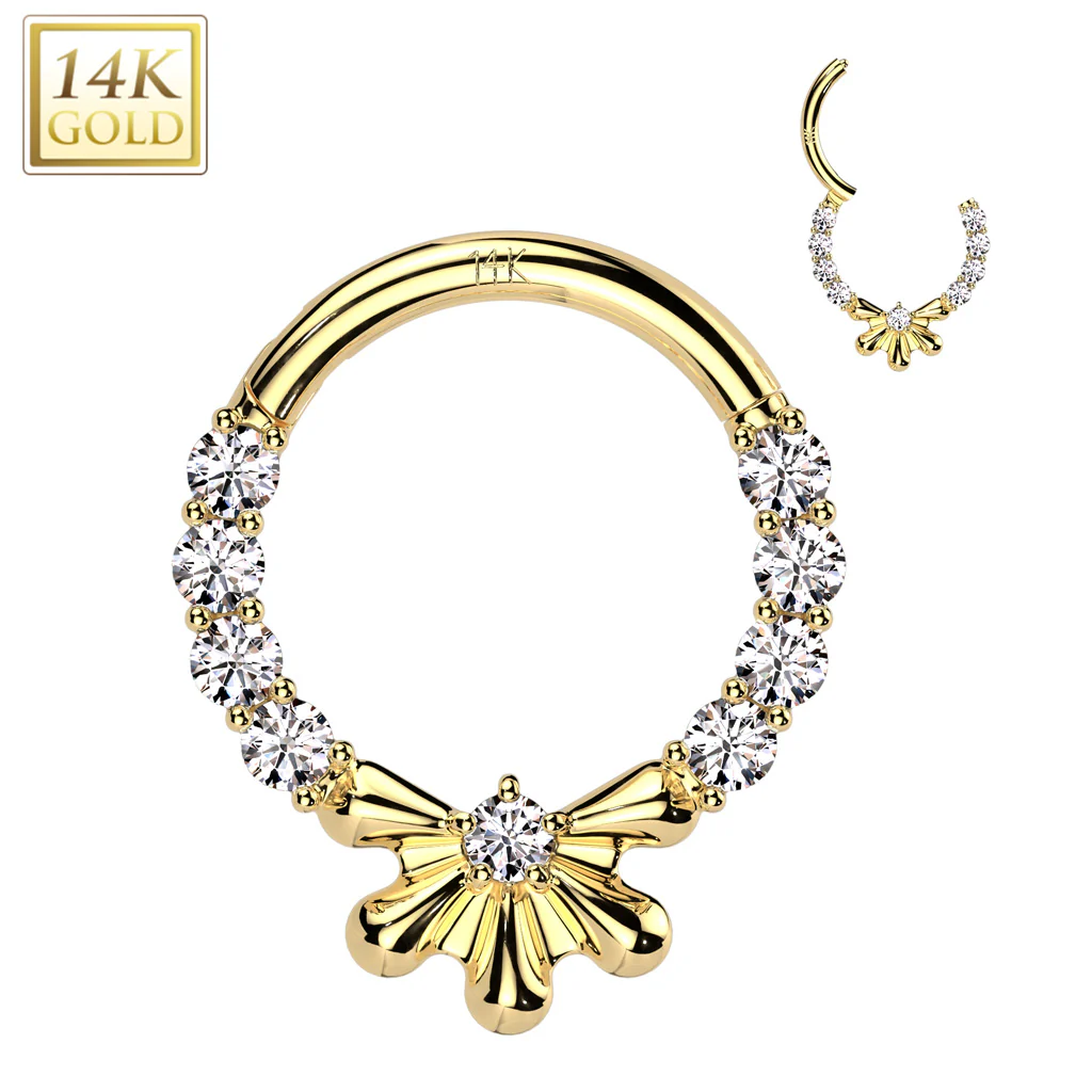16G 5/16 Clear CZ Gem Solid 14k Gold Forward Facing Flower Hinged Segment Ring - Image 3