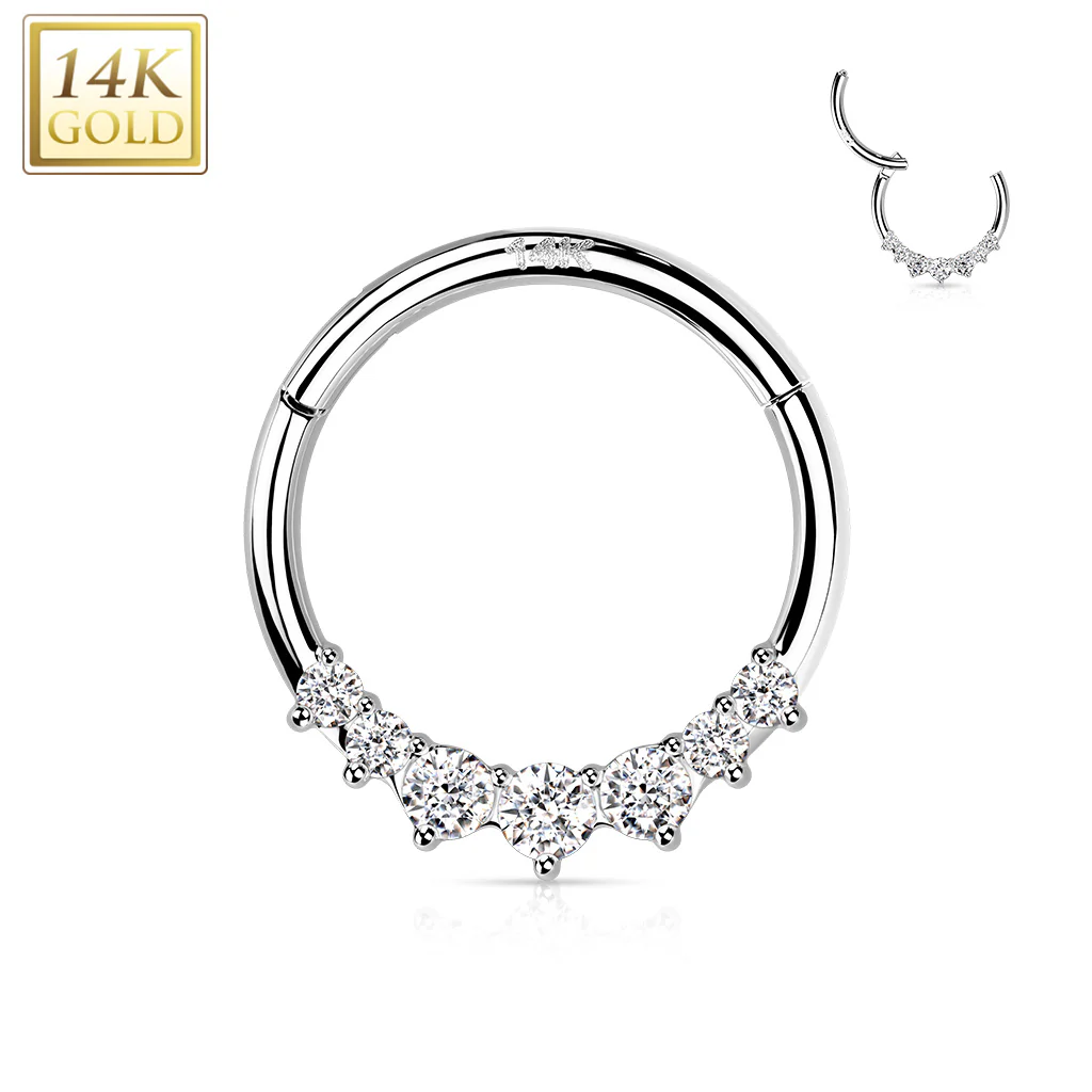 16G 5/16 Clear CZ Gem Solid 14k Gold Forward Facing Seven Hinged Segment Ring - Image 2