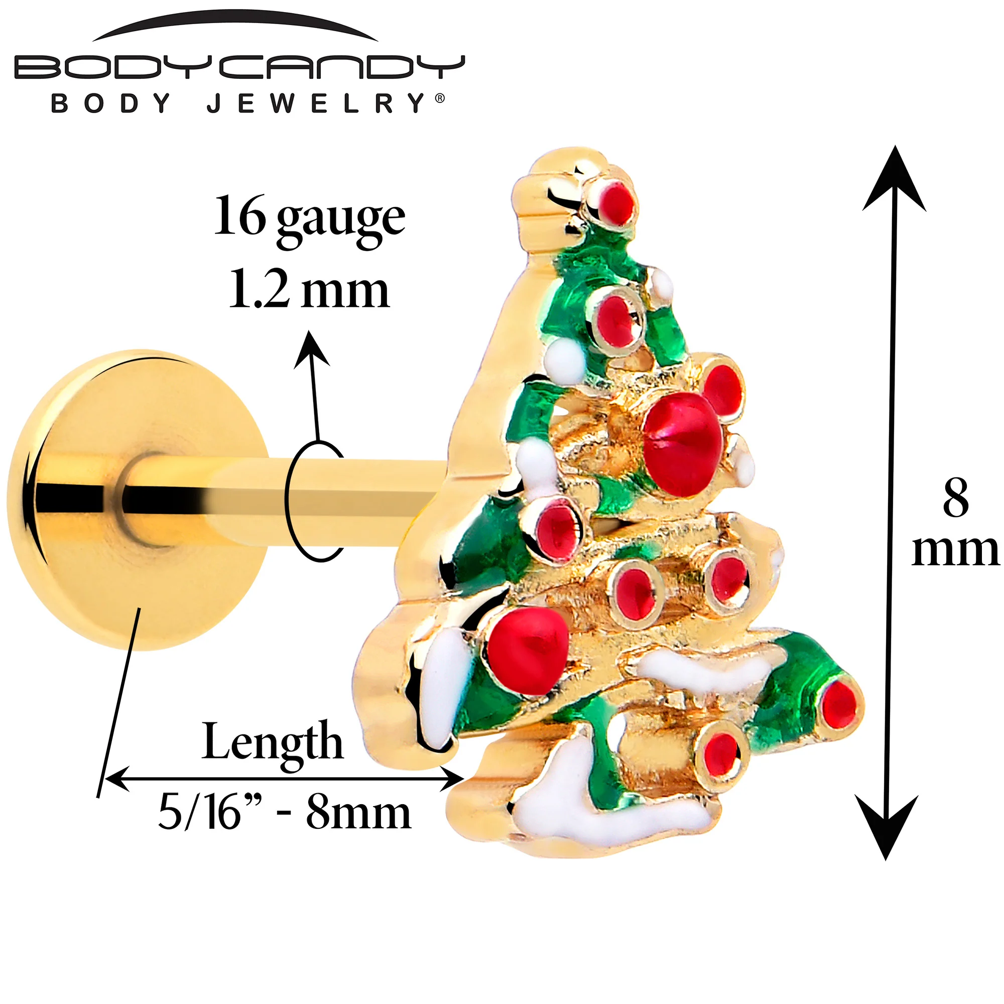 16G 5/16 Red Gem Gold Tone Snowy Christmas Tree Labret Monroe Tragus - Image 2