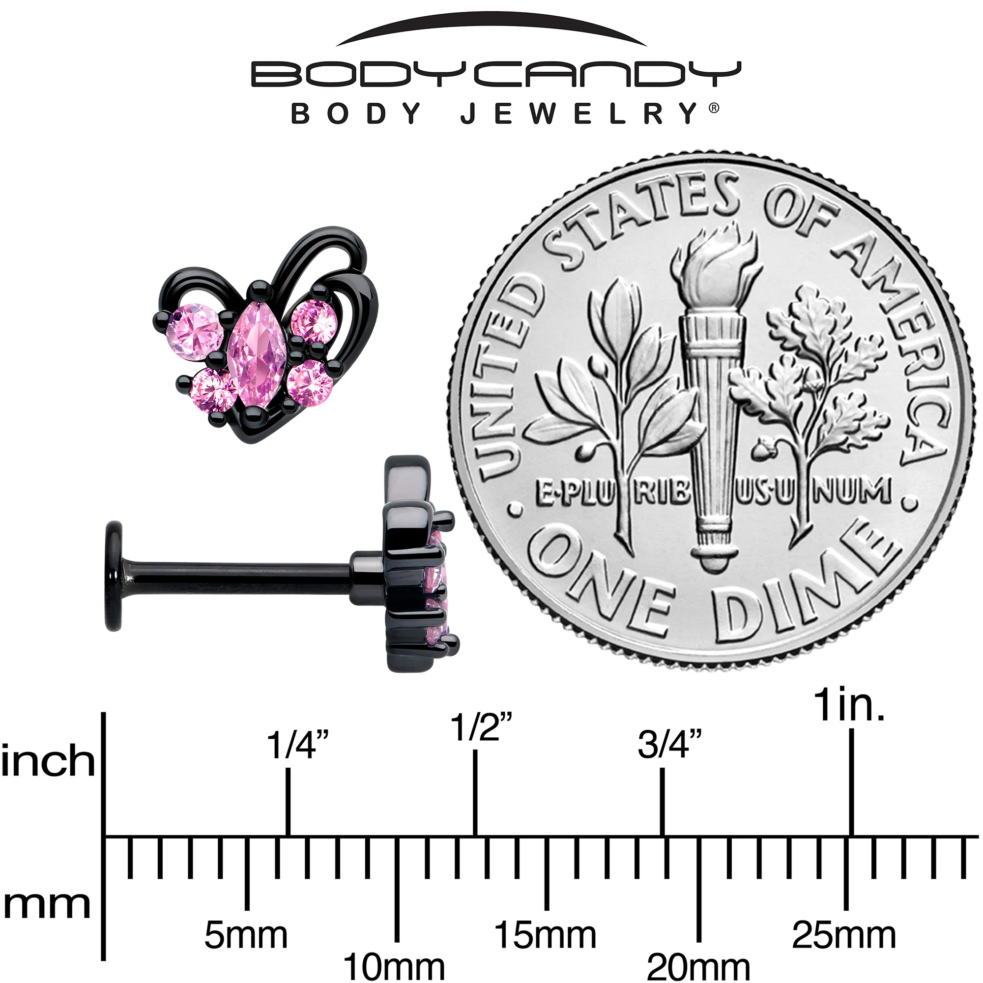 16G Pink CZ Gem Black Looping Heart Flat Back Cartilage Tragus Labret - Image 6