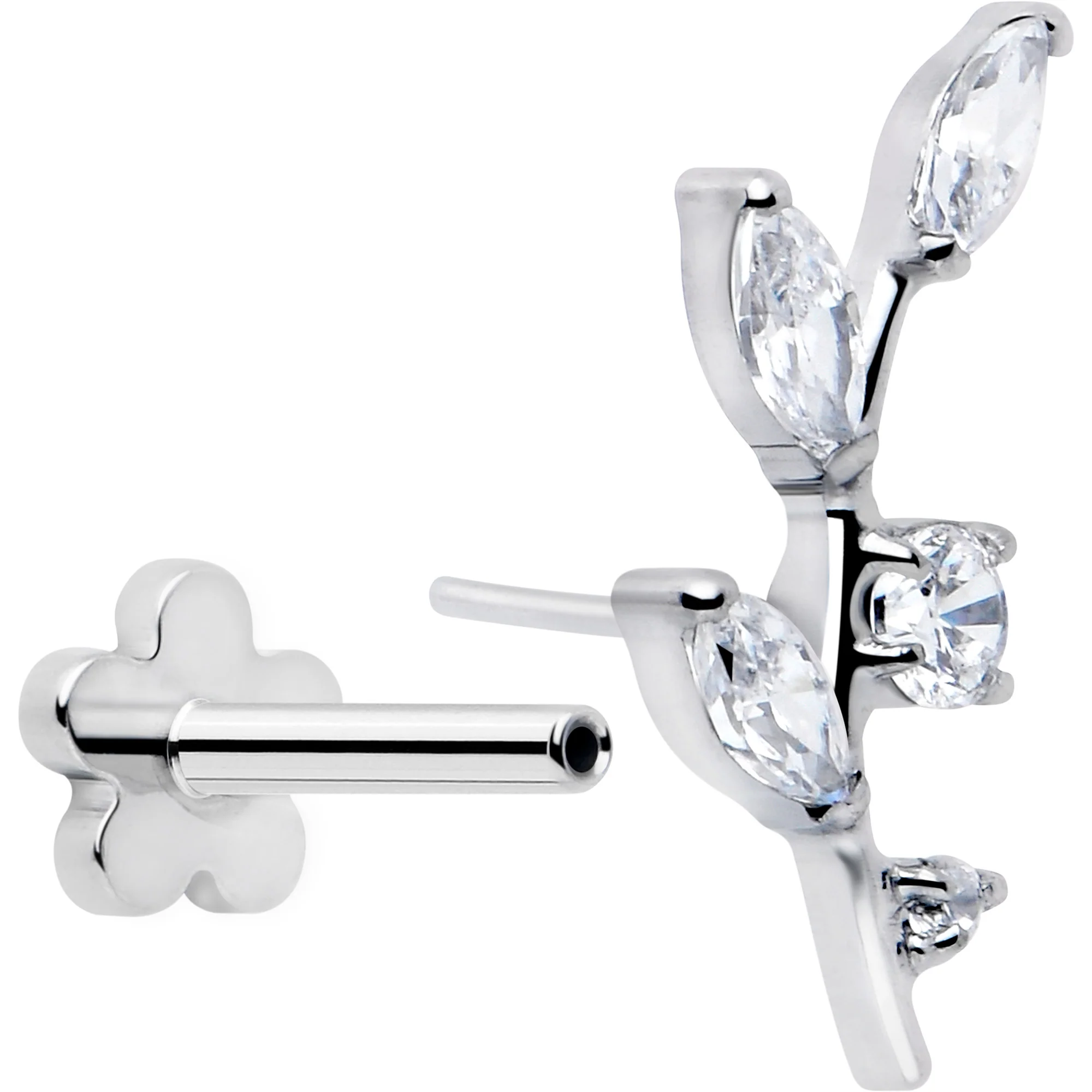 18G 1/4 Clear Gem Implant Grade Titanium Leaves Threadless Flatback Stud - Image 3