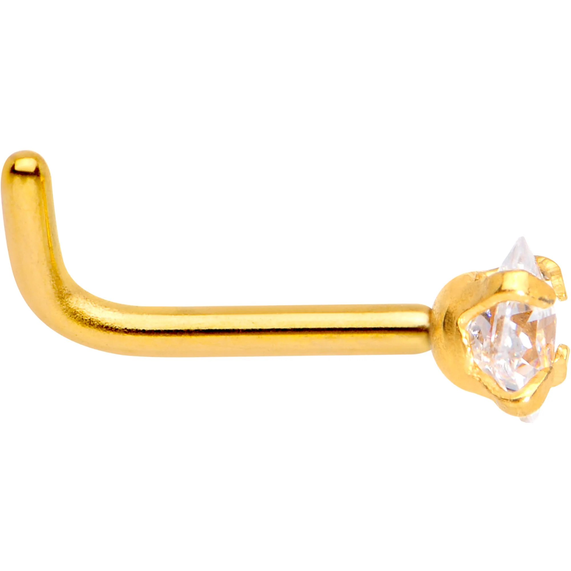 18G 1/4 Clear Square 2.5mm CZ Gem Gold IP L-Shape Nose Ring - Image 3
