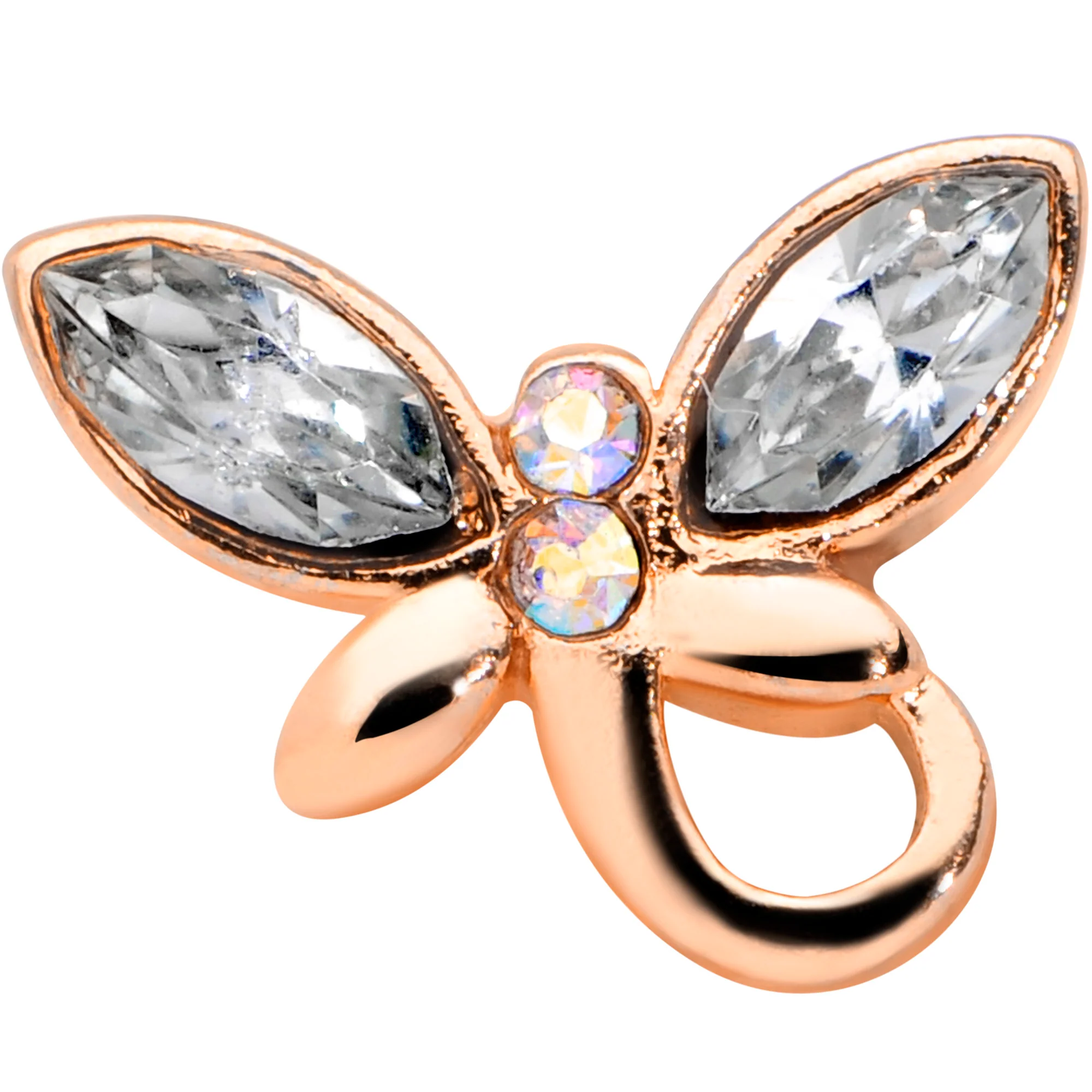 18G 3/8 Clear Aurora Gem Rose Gold Tone Loop Butterfly Nose Hoop - Image 2