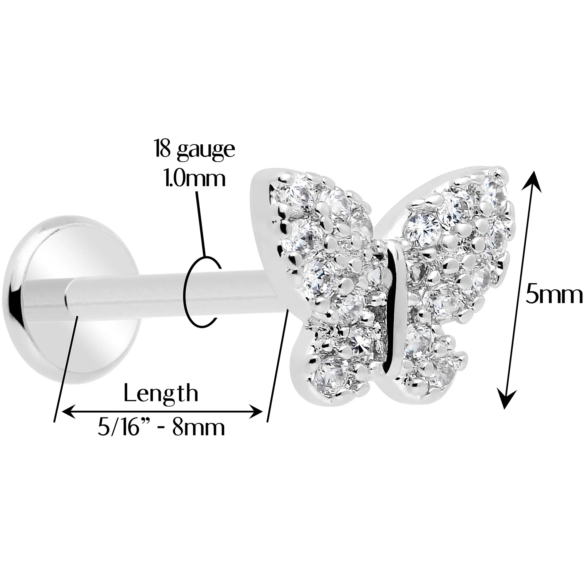 18G 5/16 CZ Gem Butterfly Paved Threadless Push In Labret Tragus - Image 5