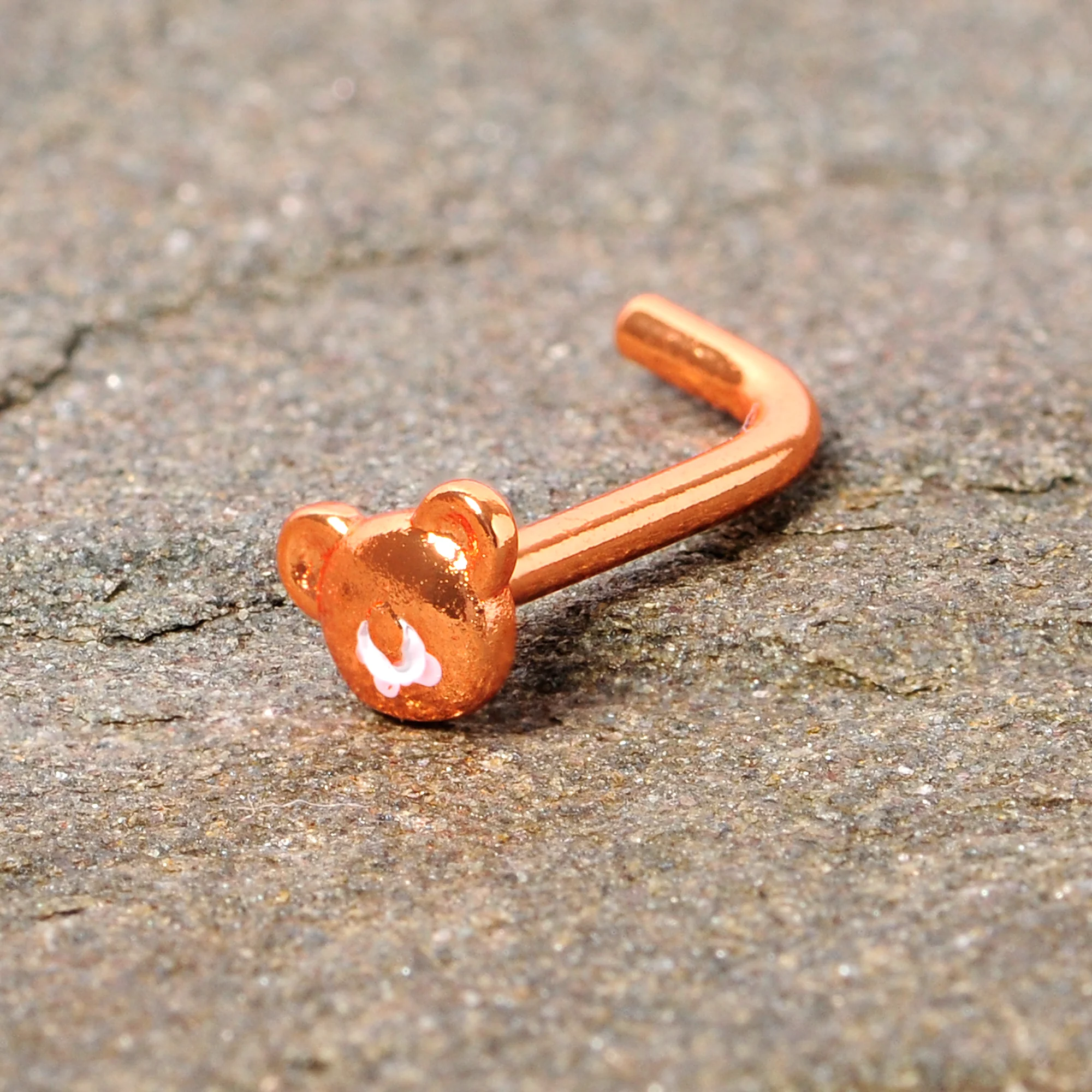 18G 5/16 Rose Gold Tone Tiny Teddy Bear L Shaped Nose Ring - Image 8