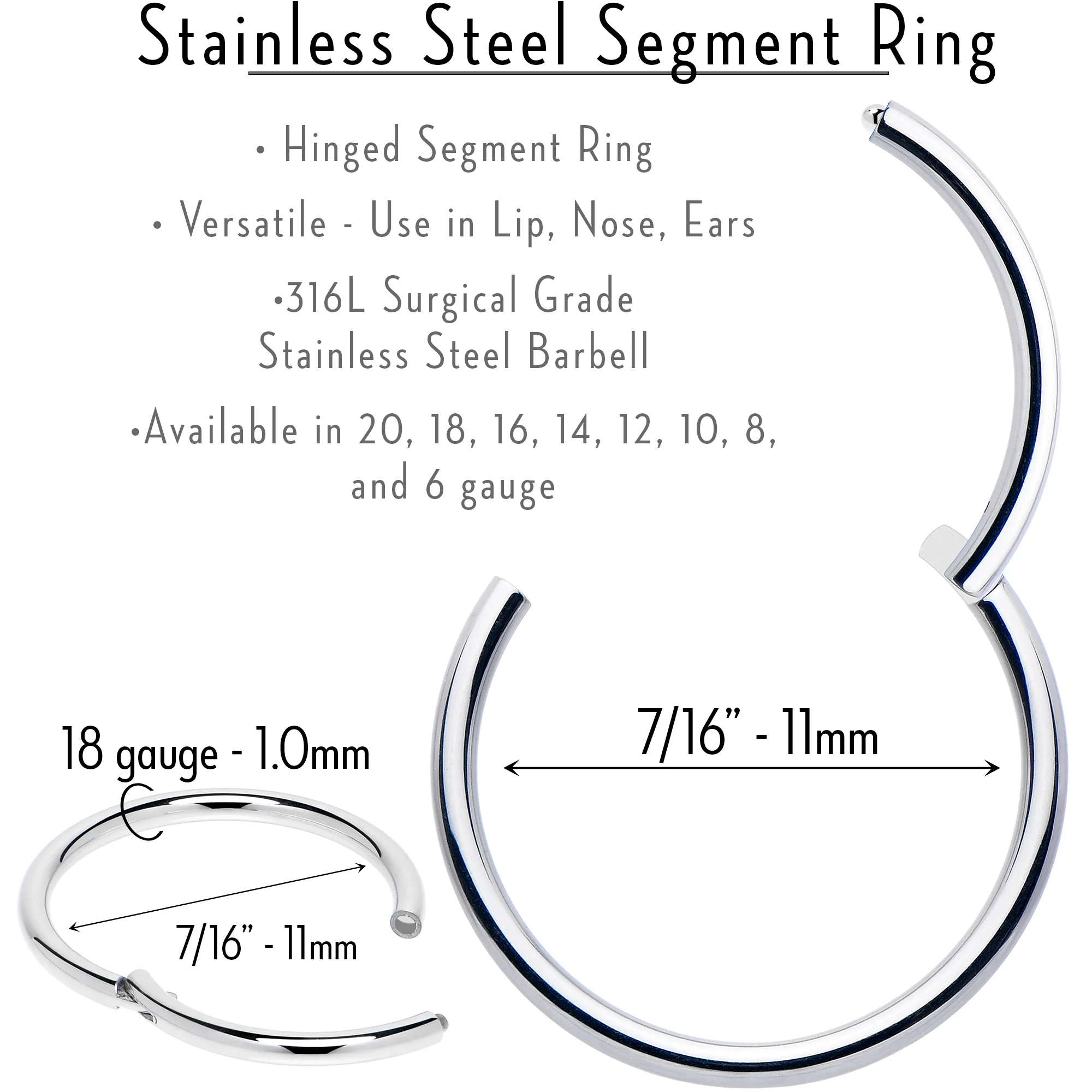 18G 7/16 316L Surgical Steel Precision Hinged Segment Hoop - Image 3