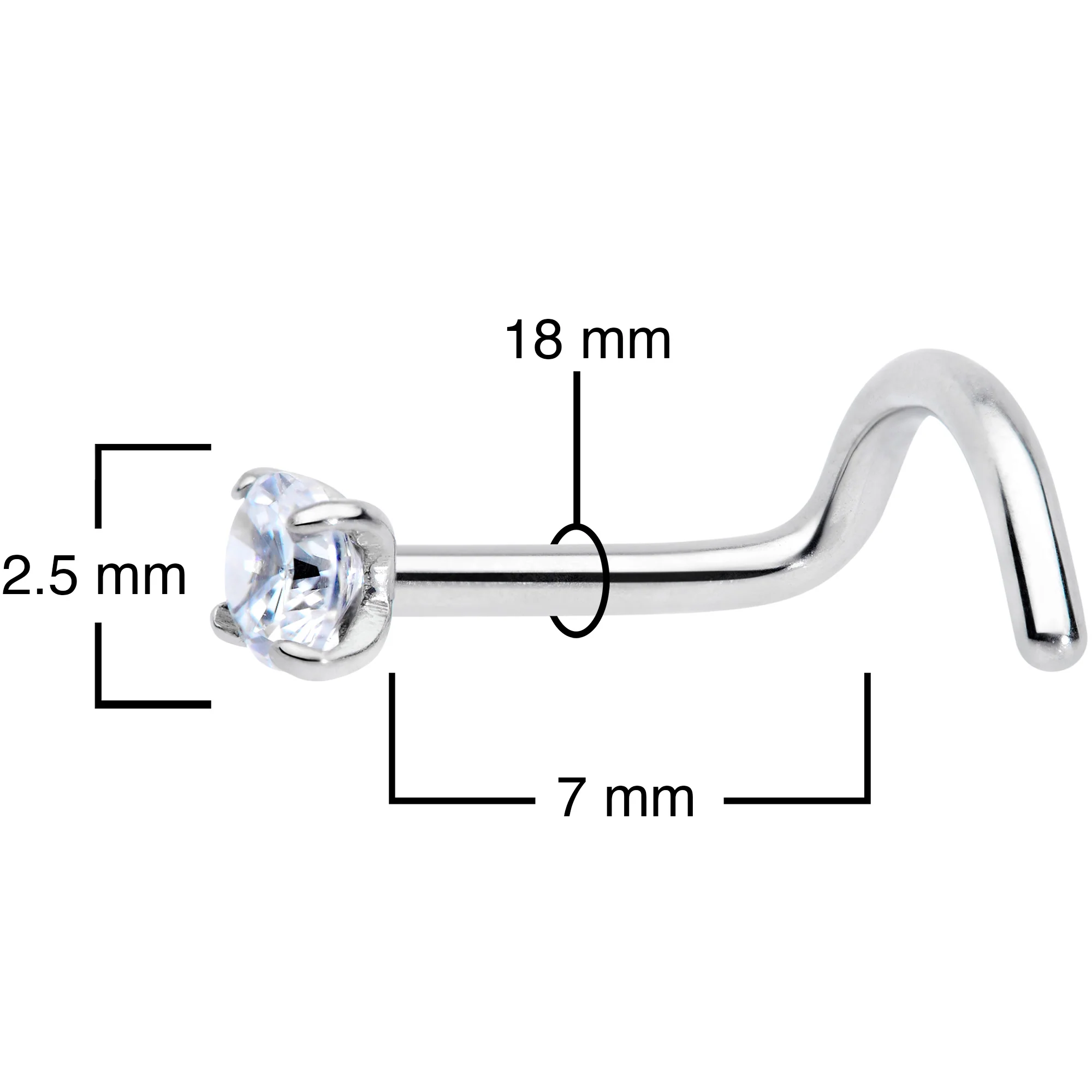 18G 7mm Clear 2.5mm CZ Gem Grade 23 Titanium Left Side Nose Screw - Image 4