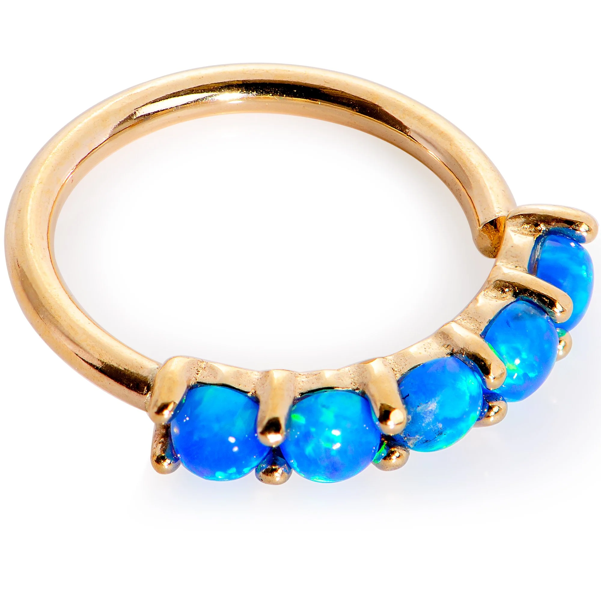 18G Blue Synthetic Opal 14k Yellow Gold Seamless Circular Ring - Image 3