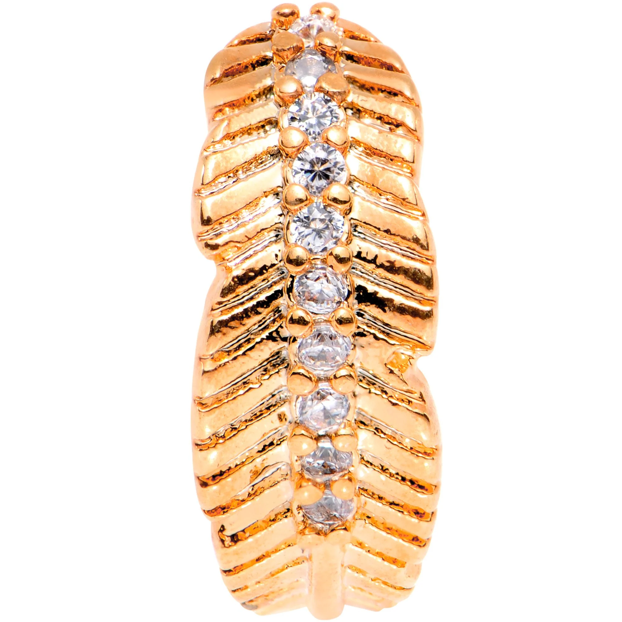 18G Clear CZ Gem Rose Gold Tone Feather Seamless Circular Ring - Image 2