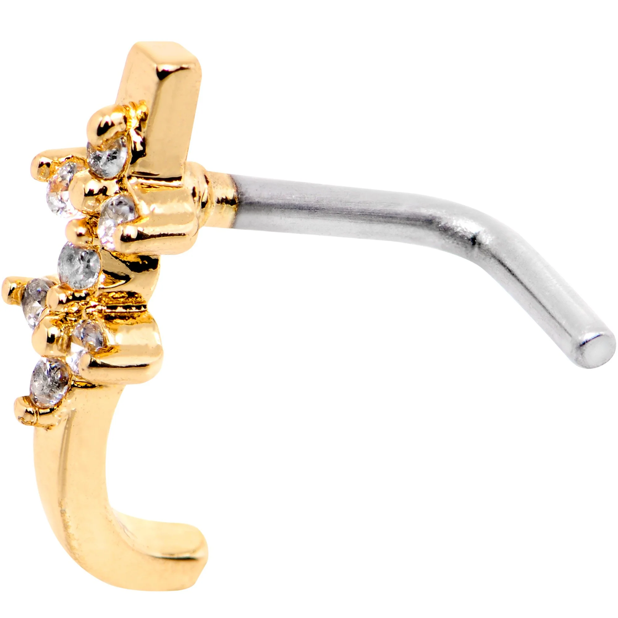 18G Clear CZ Gold Tone Bling Faux Hoop L Shaped Nose Ring - Image 3