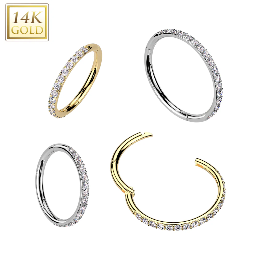 18G 5/16 Clear CZ Gem Solid 14k Gold Outward Facing Hinged Nose Hoop