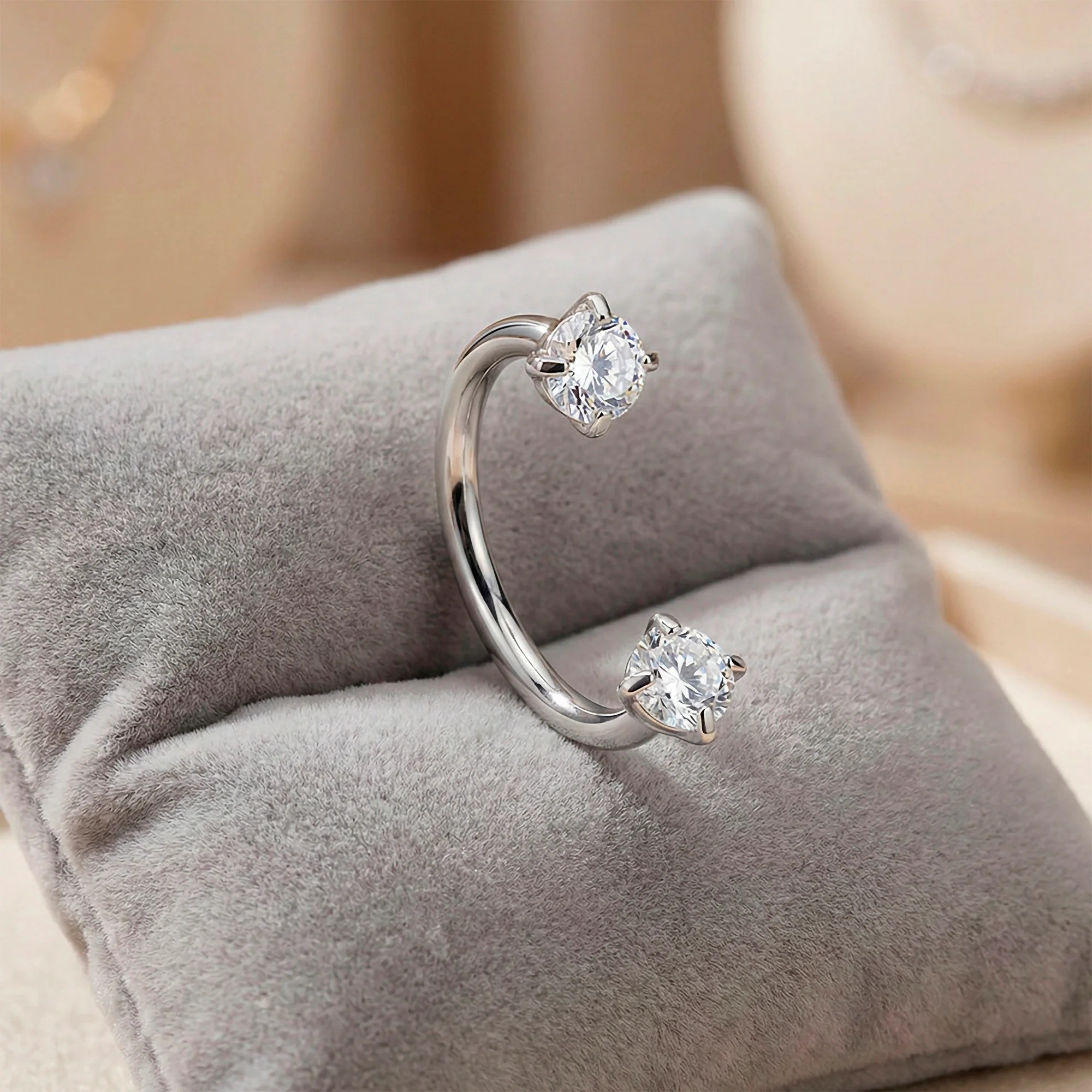18G Double Gem Titanium Horseshoe Nose Ring -  Internally Threaded Solid Titanium CZ Horseshoe Nose Hoop - Image 4