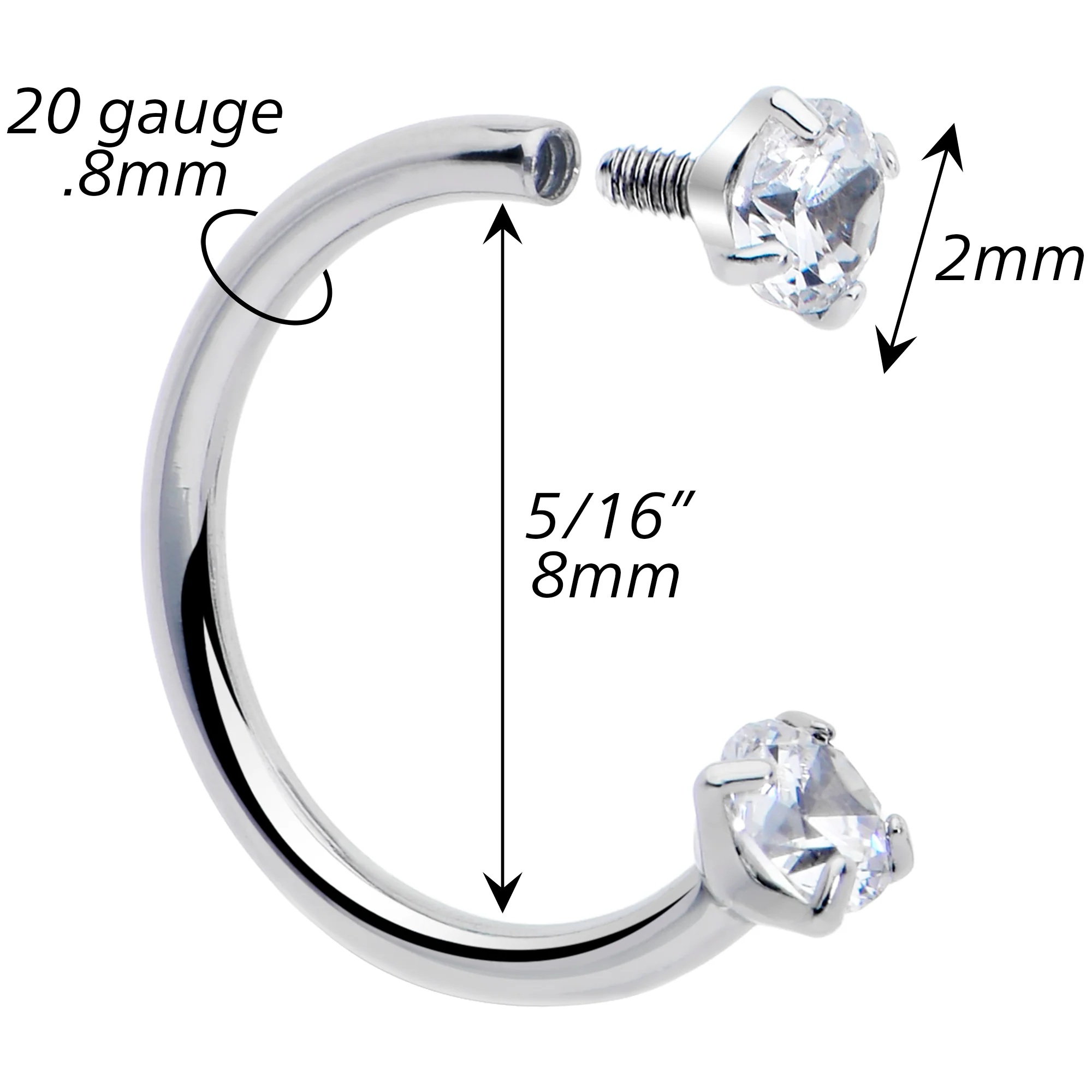 18G Double Gem Titanium Horseshoe Nose Ring -  Internally Threaded Solid Titanium CZ Horseshoe Nose Hoop - Image 7