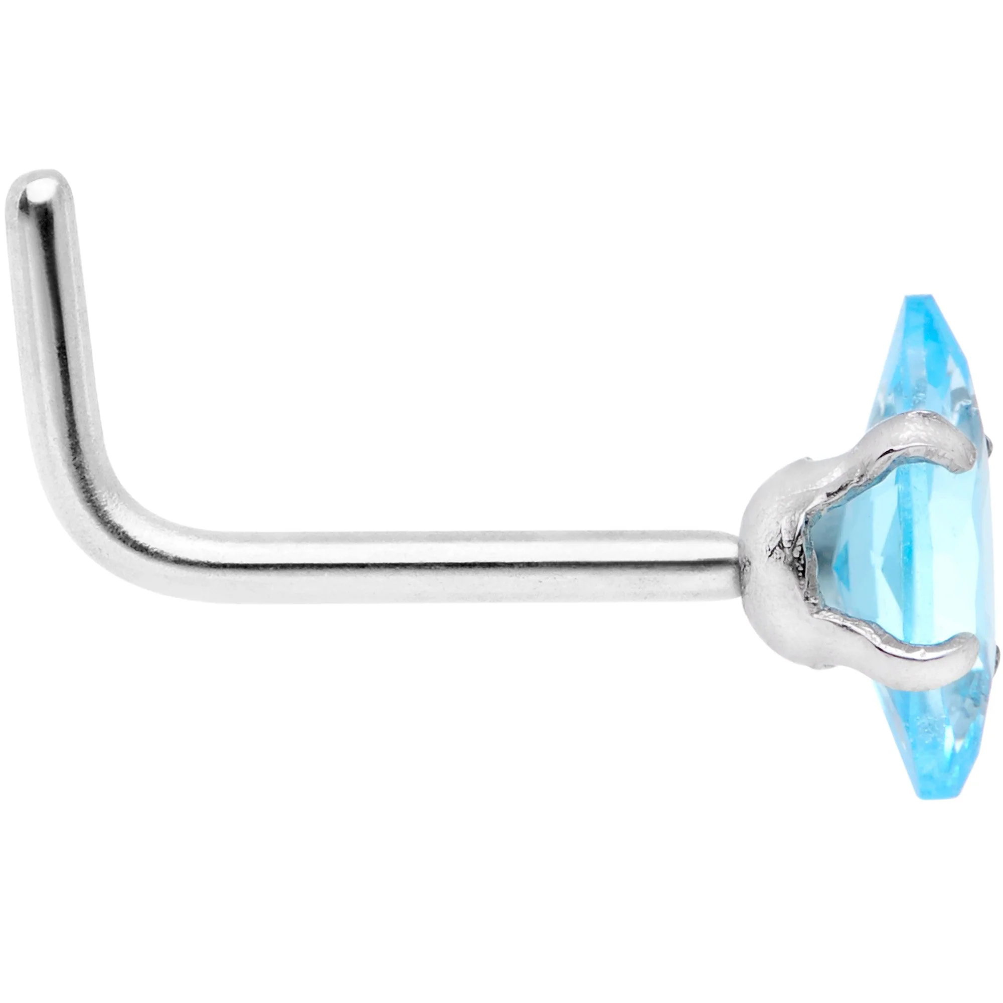 20G 1/4 Aqua CZ Gem Ellipse L Shape Nose Ring - Image 2