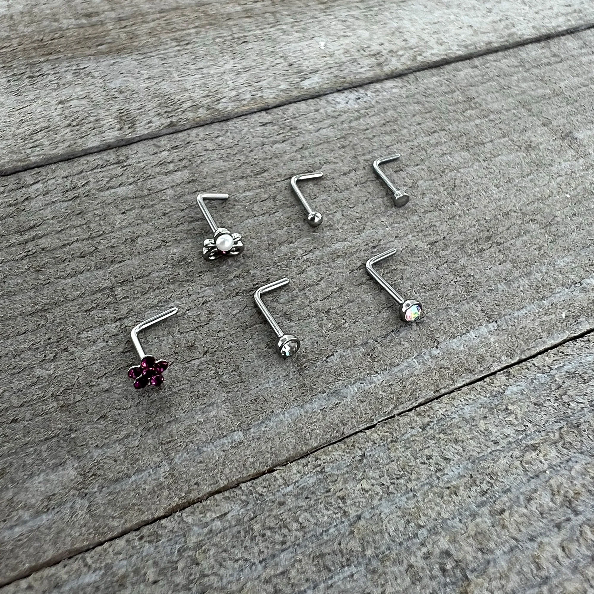 20G 1/4 Aurora Purple CZ Gem Flower Bow L Shape Nose Ring Set of 6 - Image 7