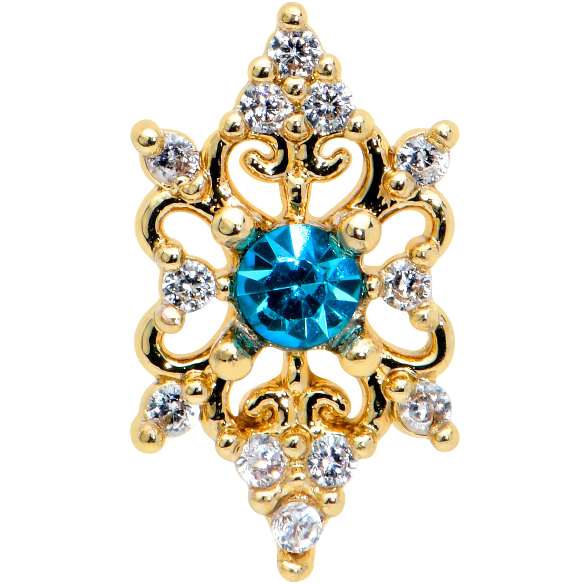20G 1/4 Clear Blue Gem Gold Tone Royal Heart Nose Bone - Image 2