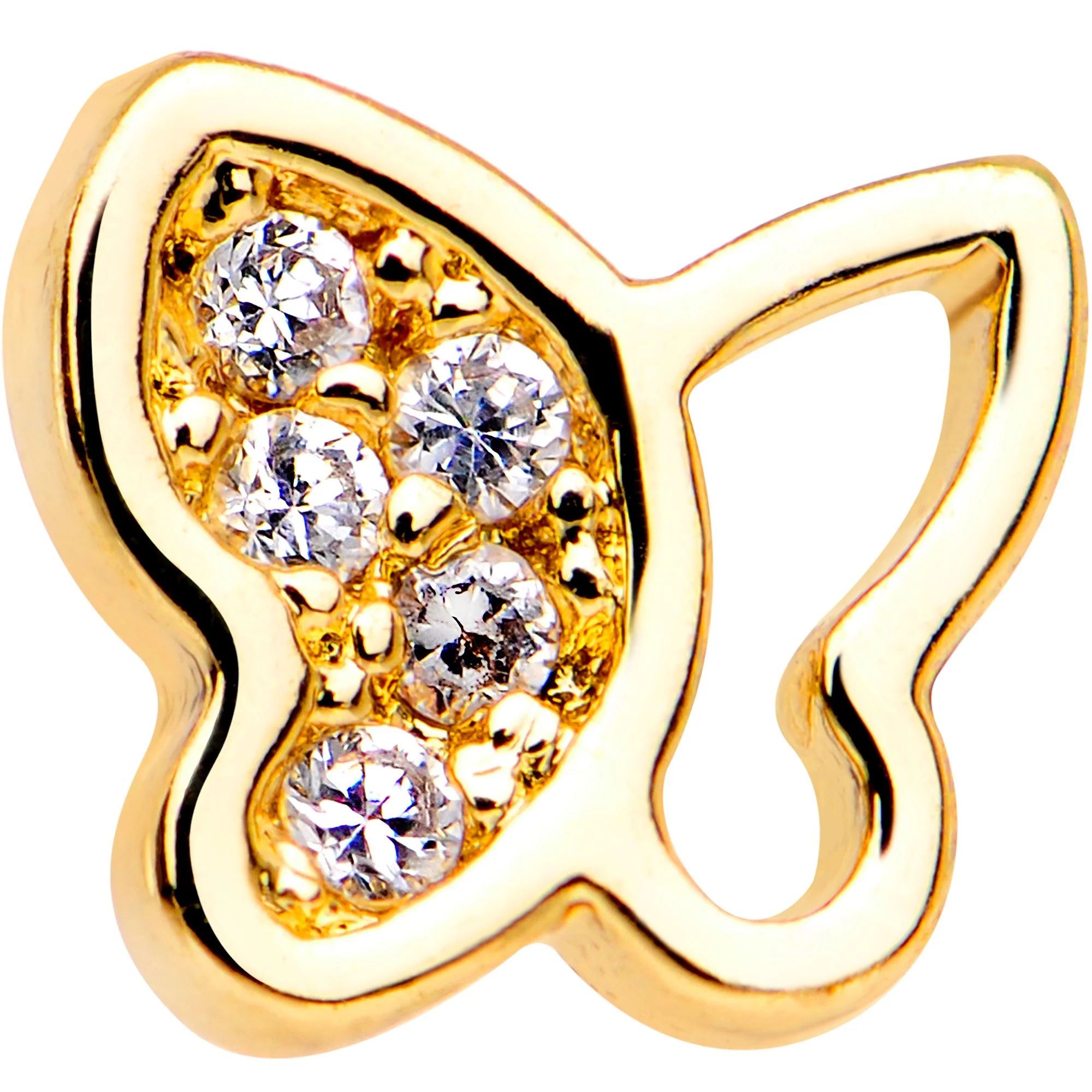 20G 1/4 Clear CZ Gem Gold Tone Half Paved Butterfly Nose Bone - Image 2