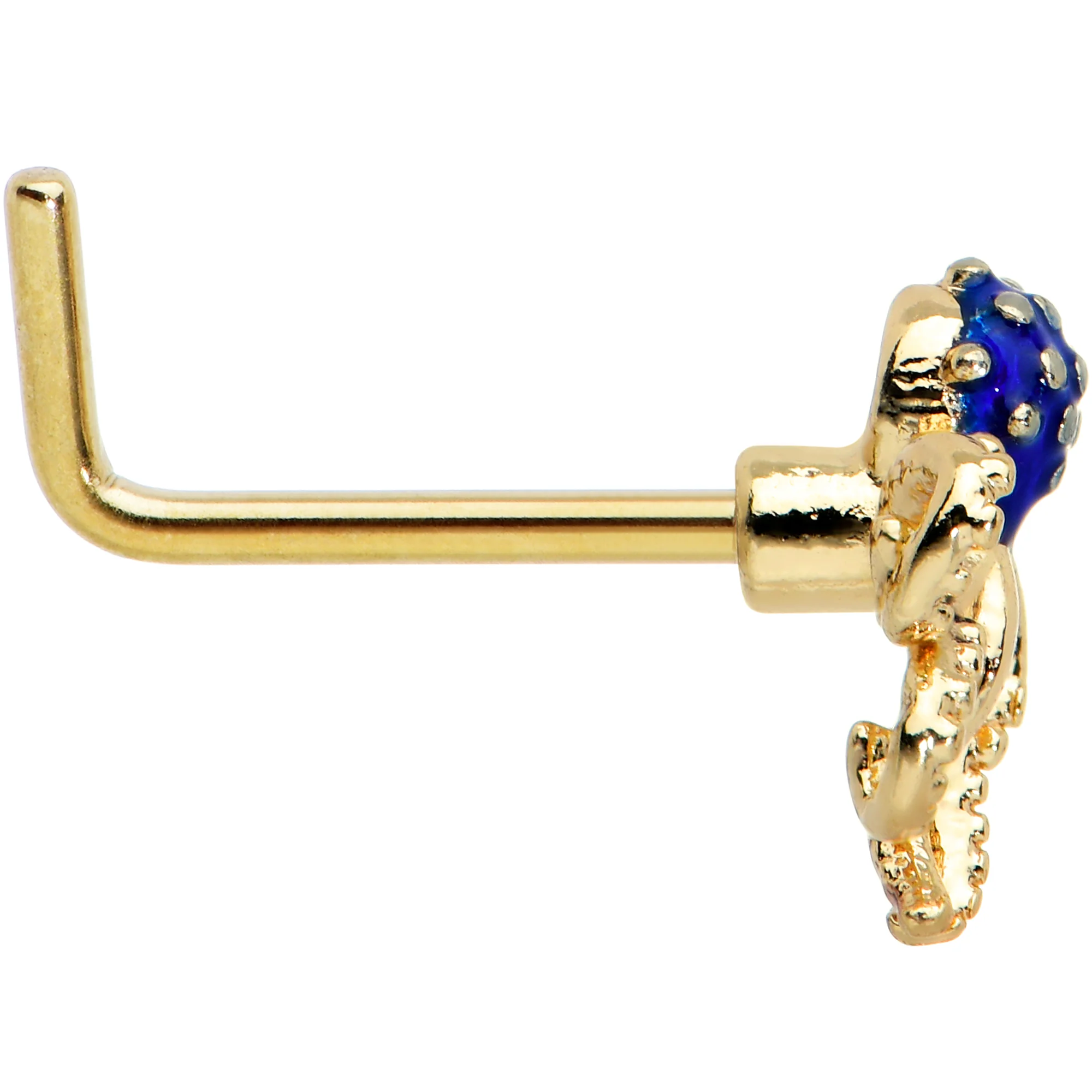 20G 1/4 Gold Tone Textured Blue Octopus L Shape Nose Ring - Image 3