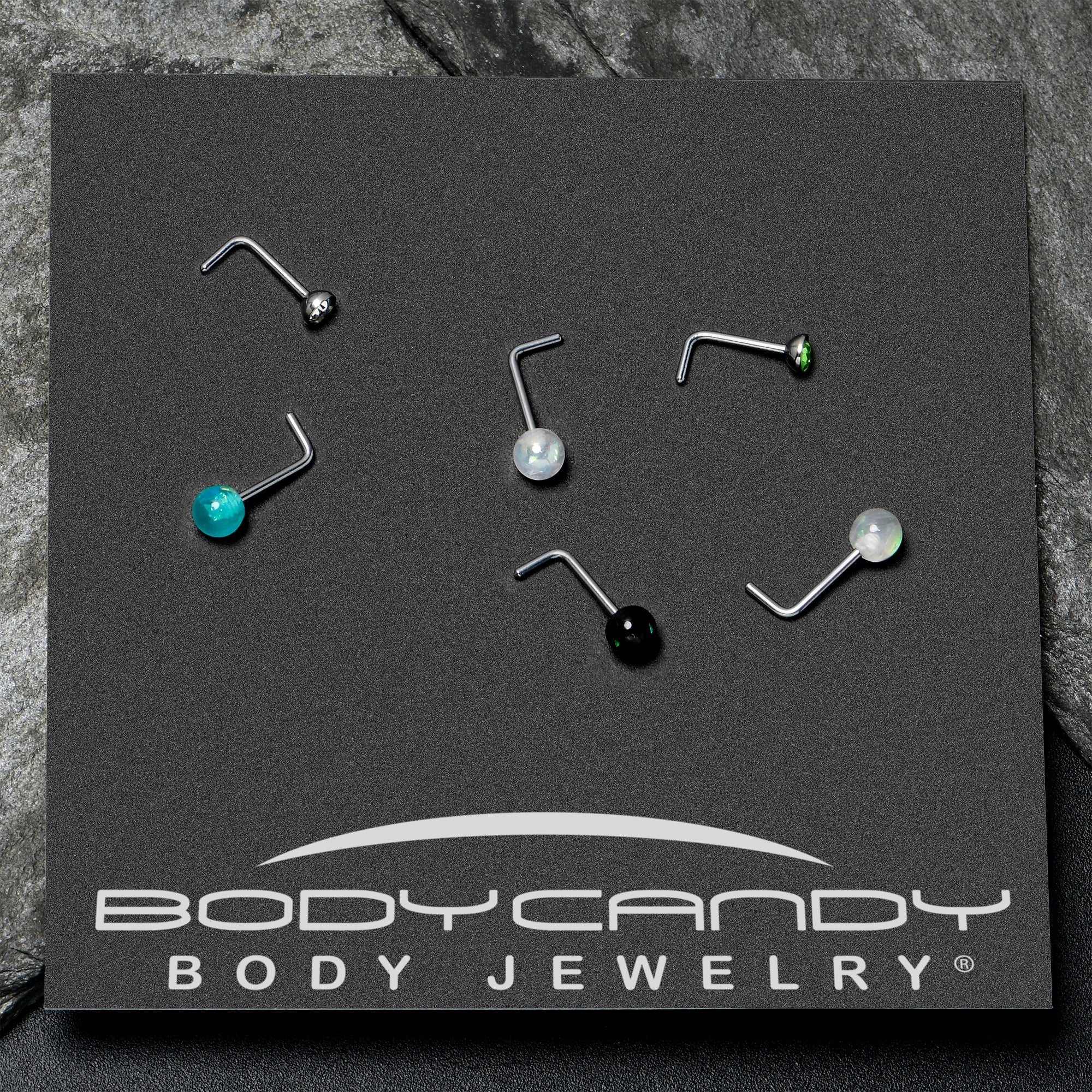 20G 1/4 Green Gem Green Aurora Faux Opal Pack L Shape Nose Ring Set of 6 - Image 7