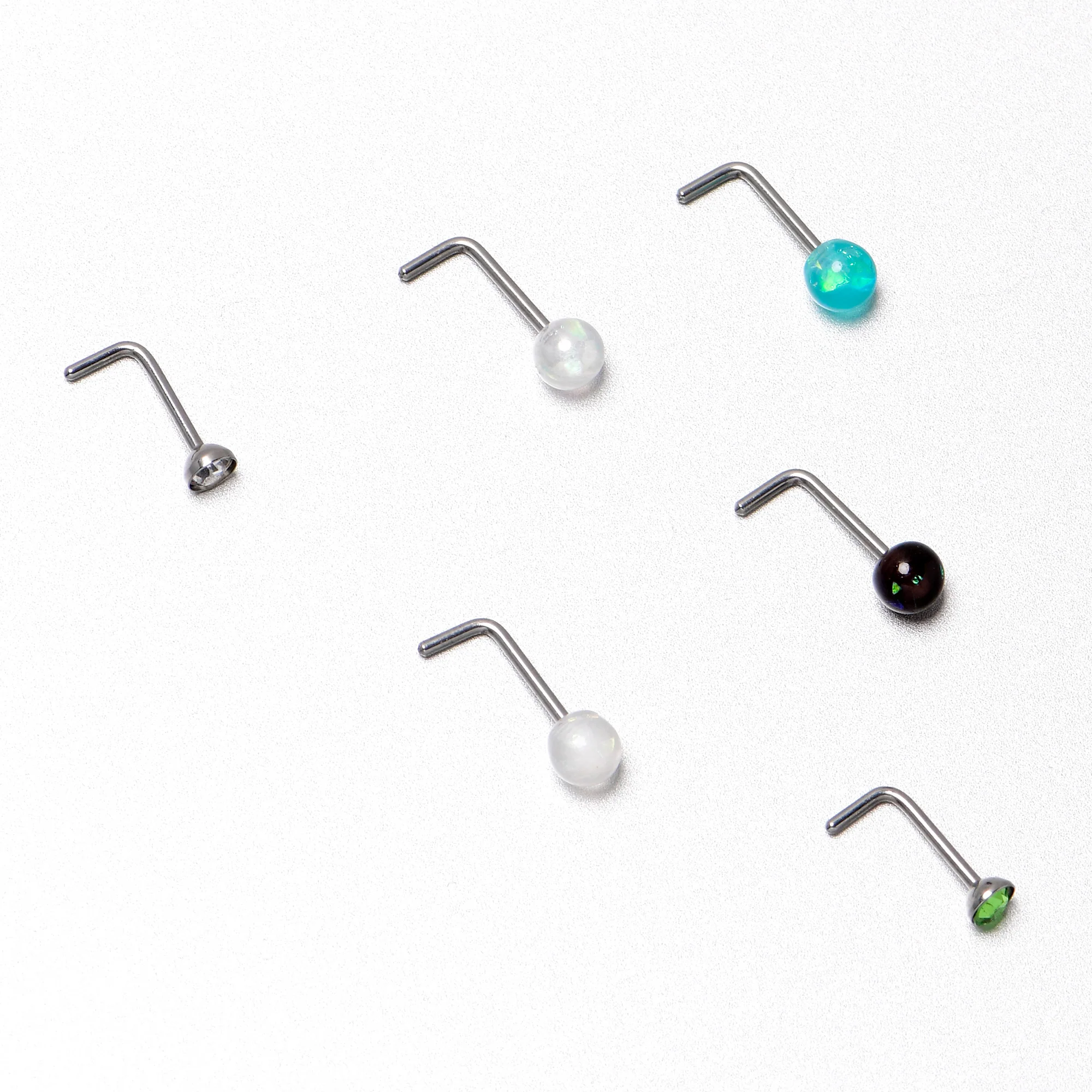 20G 1/4 Green Gem Green Aurora Faux Opal Pack L Shape Nose Ring Set of 6 - Image 8