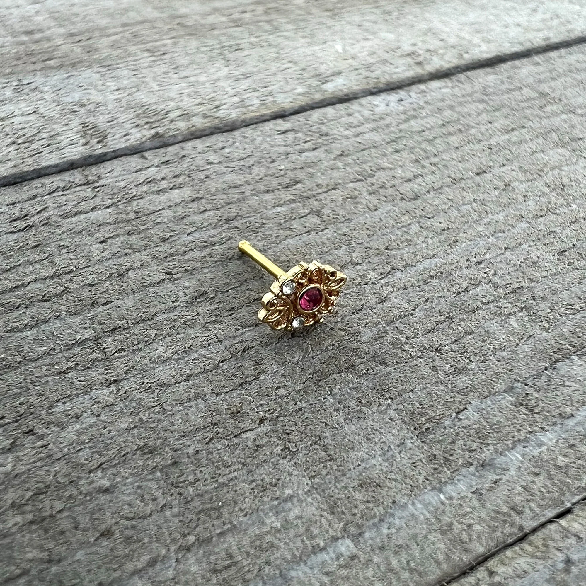 20G 1/4 Pink Clear Gem Gold Tone Lace Love Nose Bone - Image 6