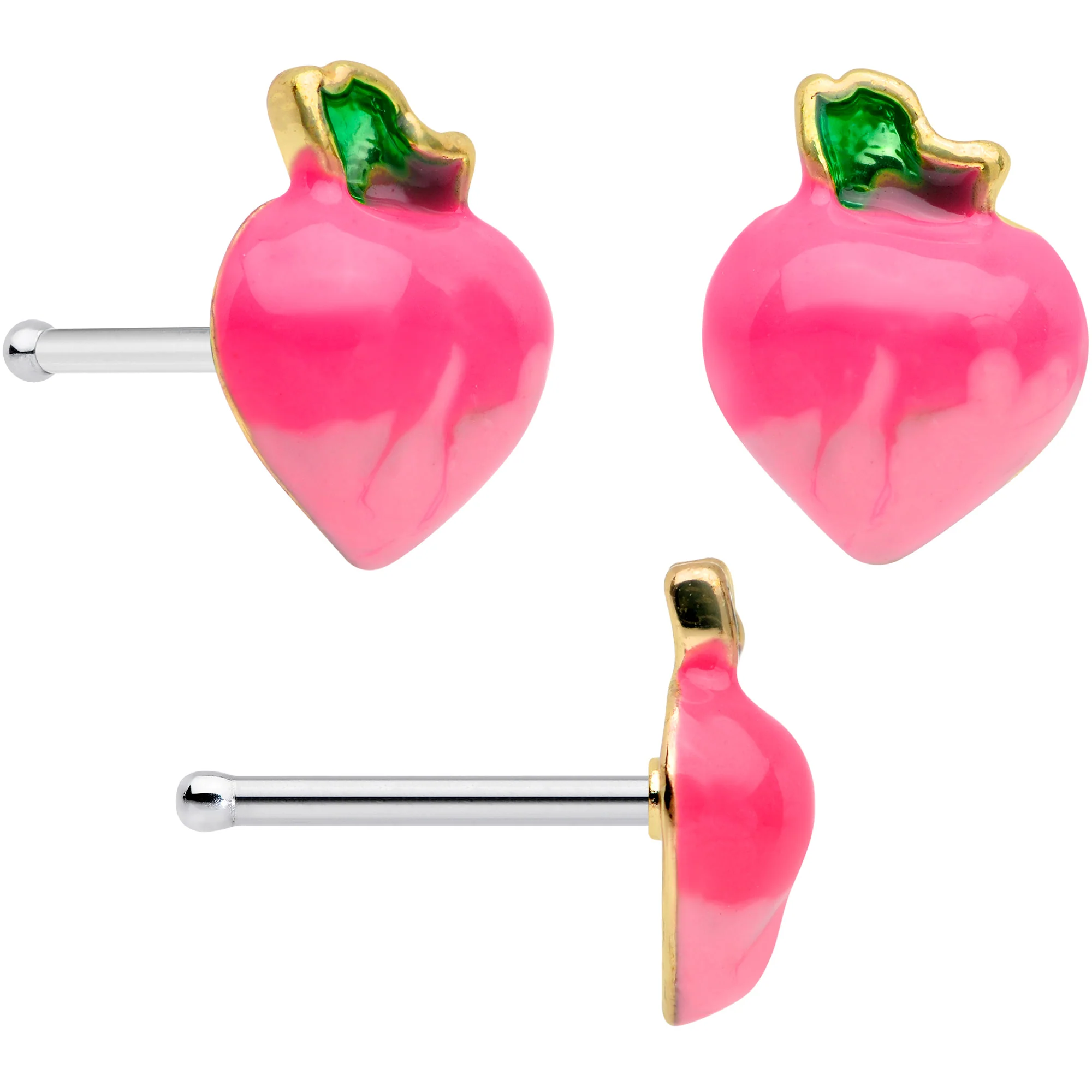 20G 1/4 Pink Gem Berry Leaves Spring Flower Nose Bone Set of 3 - Image 2