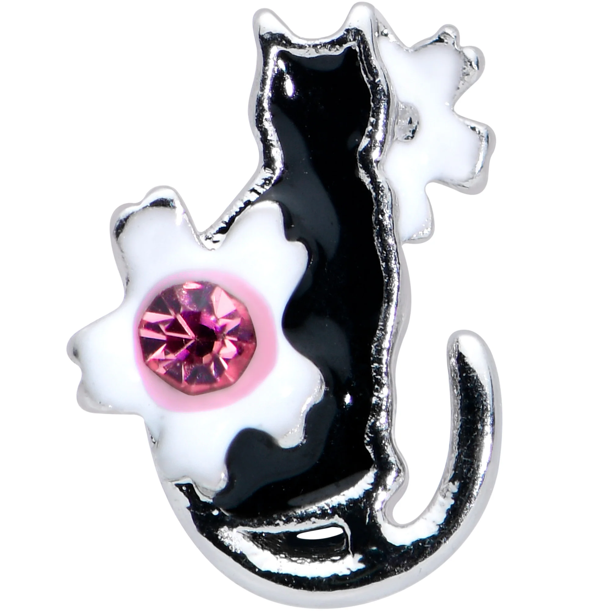 20G 1/4 Pink Gem Black Cat White Flowers Nose Bone - Image 2