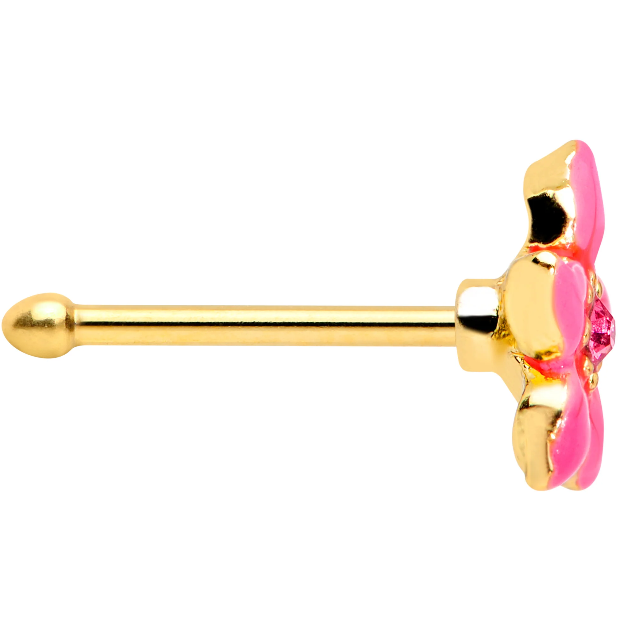 20G 1/4 Pink Gem Gold Tone Exotic Flower Nose Bone - Image 3