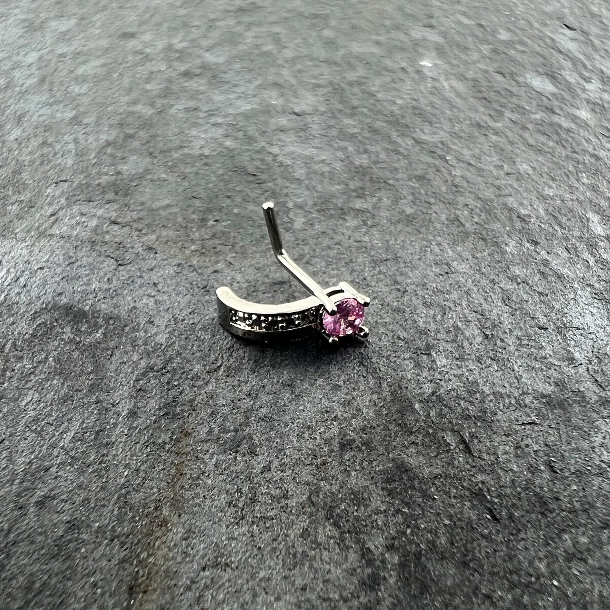 20G 1/4 Pink Gem Texture Glam Faux Hoop L Shape Nose Ring - Image 5