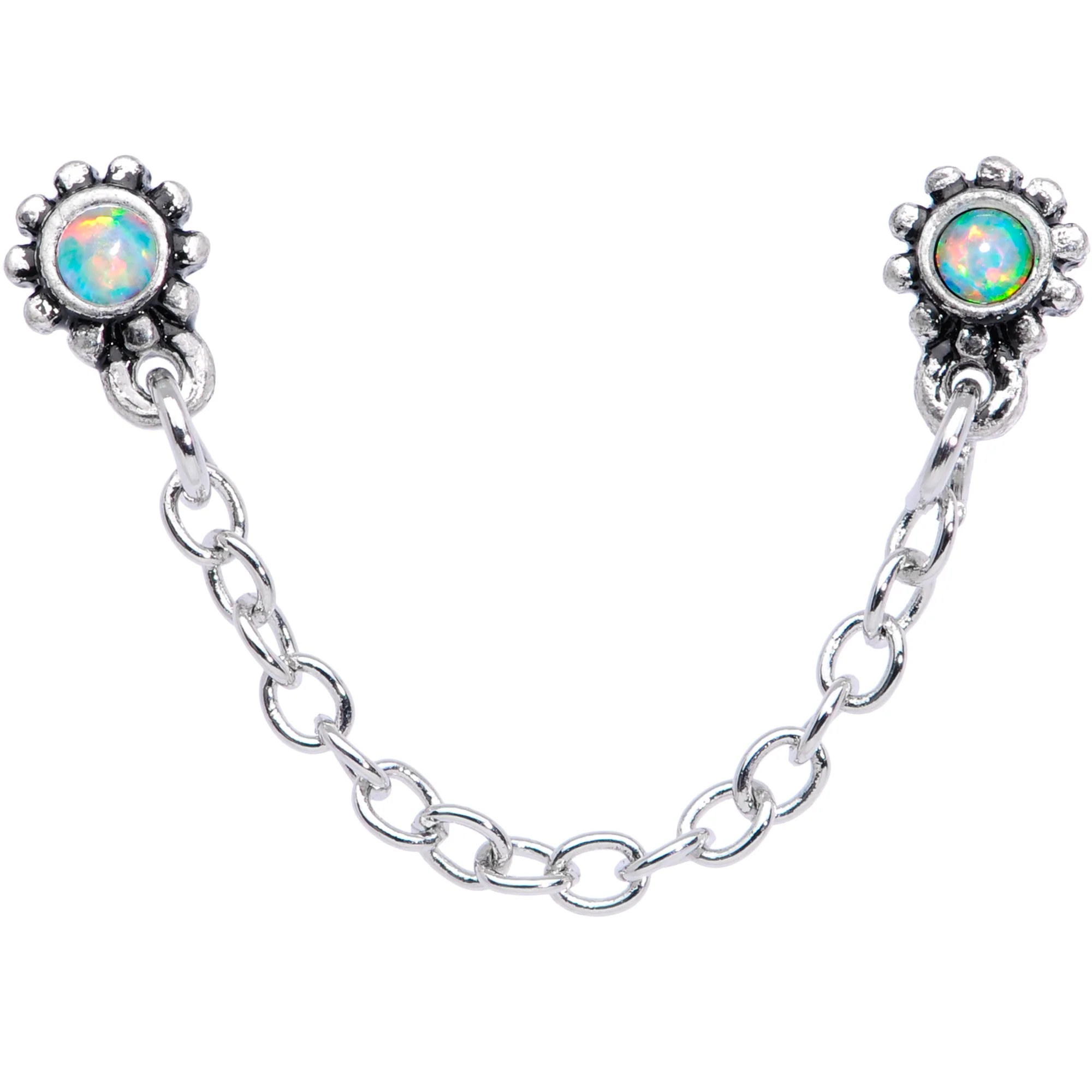 20G 1/4 White Synthetic Opal Chain Dangle Double Nose Bone - Image 3