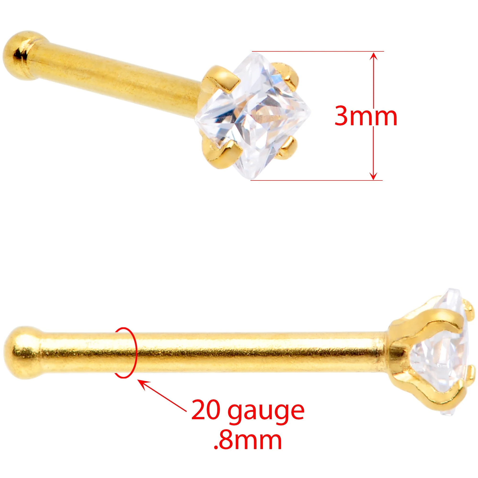 20G 1/4 Clear Square Gem Gold Tone Nose Bone Set of 6 - Image 4