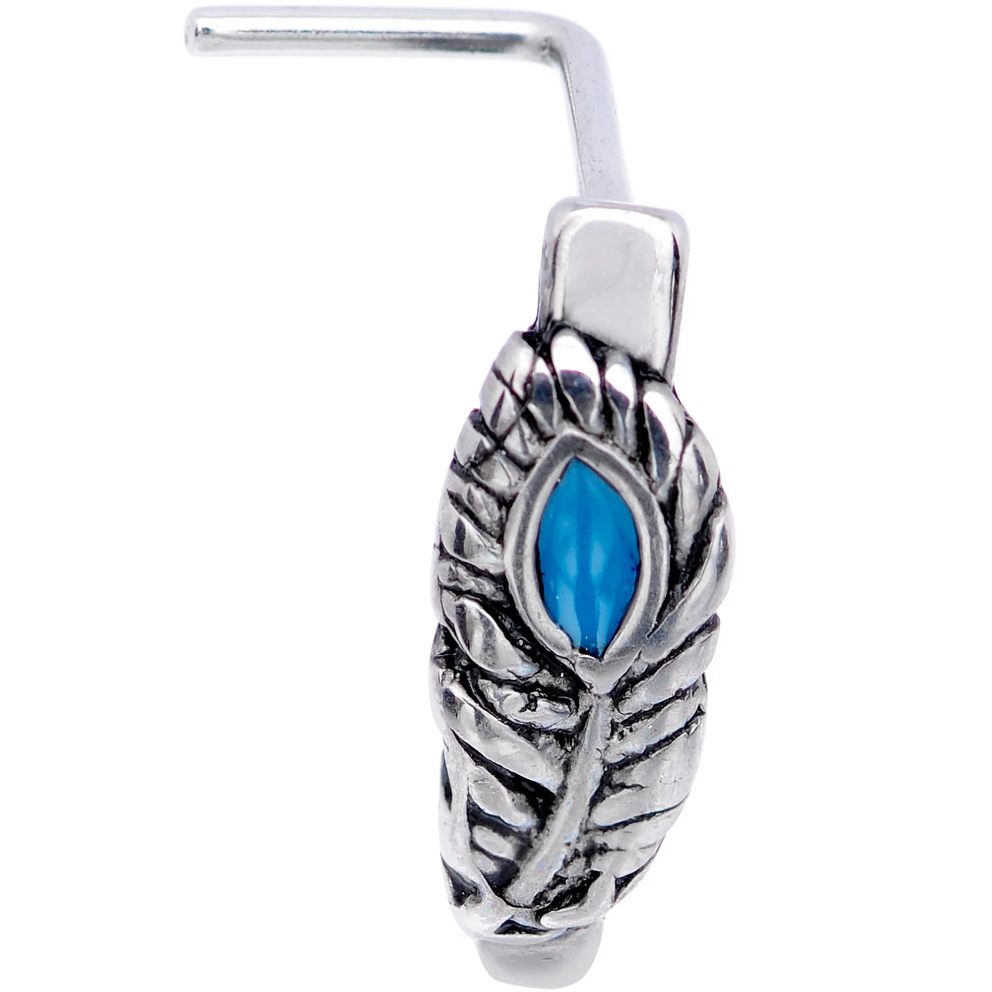 20G 1/4 Southwest Blue Feather Faux Hoop L Shaped Nose Hoop - Image 2