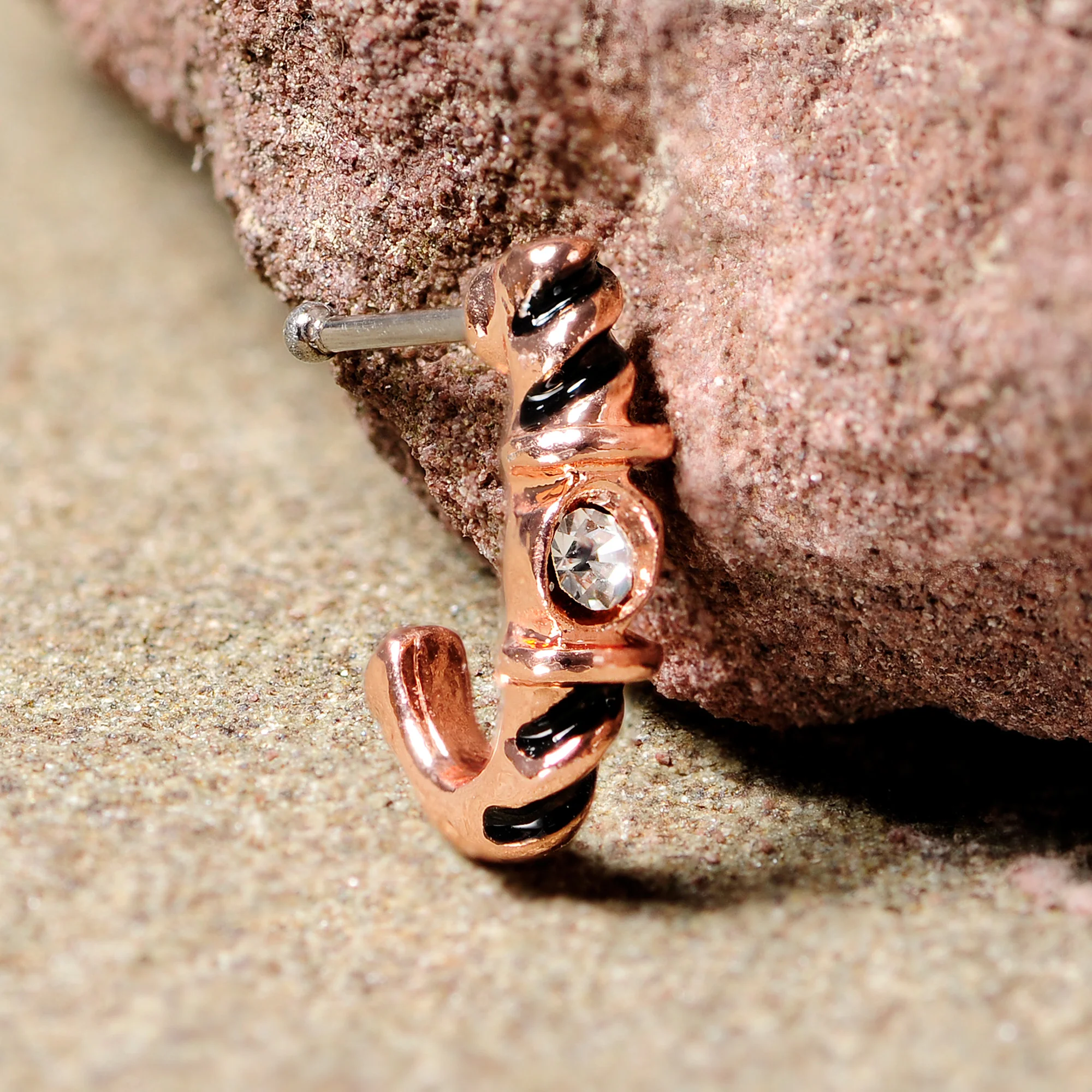 20G 3/8 Clear Gem Rose Gold Tone Twist Faux Hoop Nose Bone - Image 5