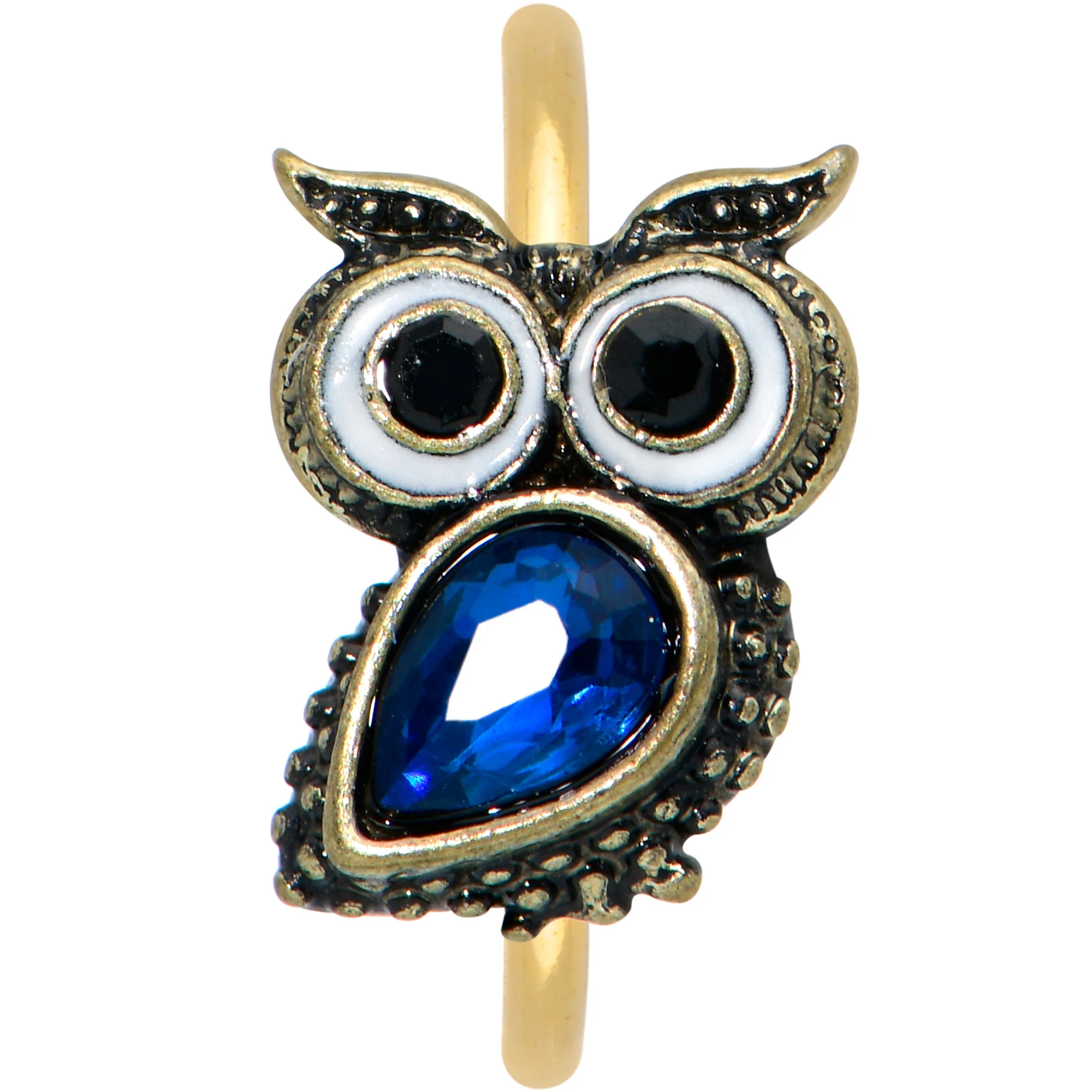 20G 5/16 Blue Gem Gold Tone Wide Eyed Owl Nose Hoop - Image 2