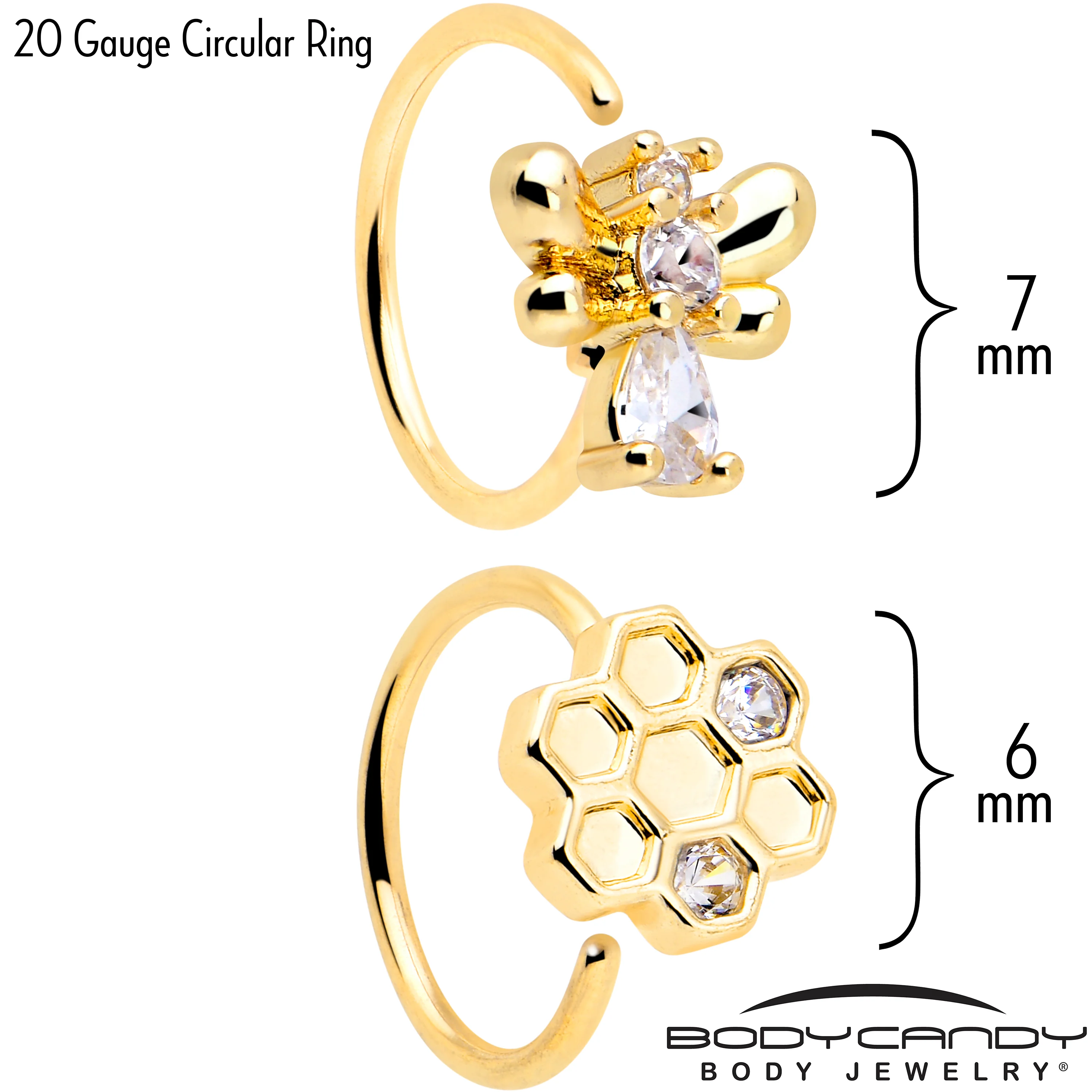 20G 5/16 Clear CZ Gem Gold Tone Bee Hive Luv Nose Hoop Set of 2 - Image 2