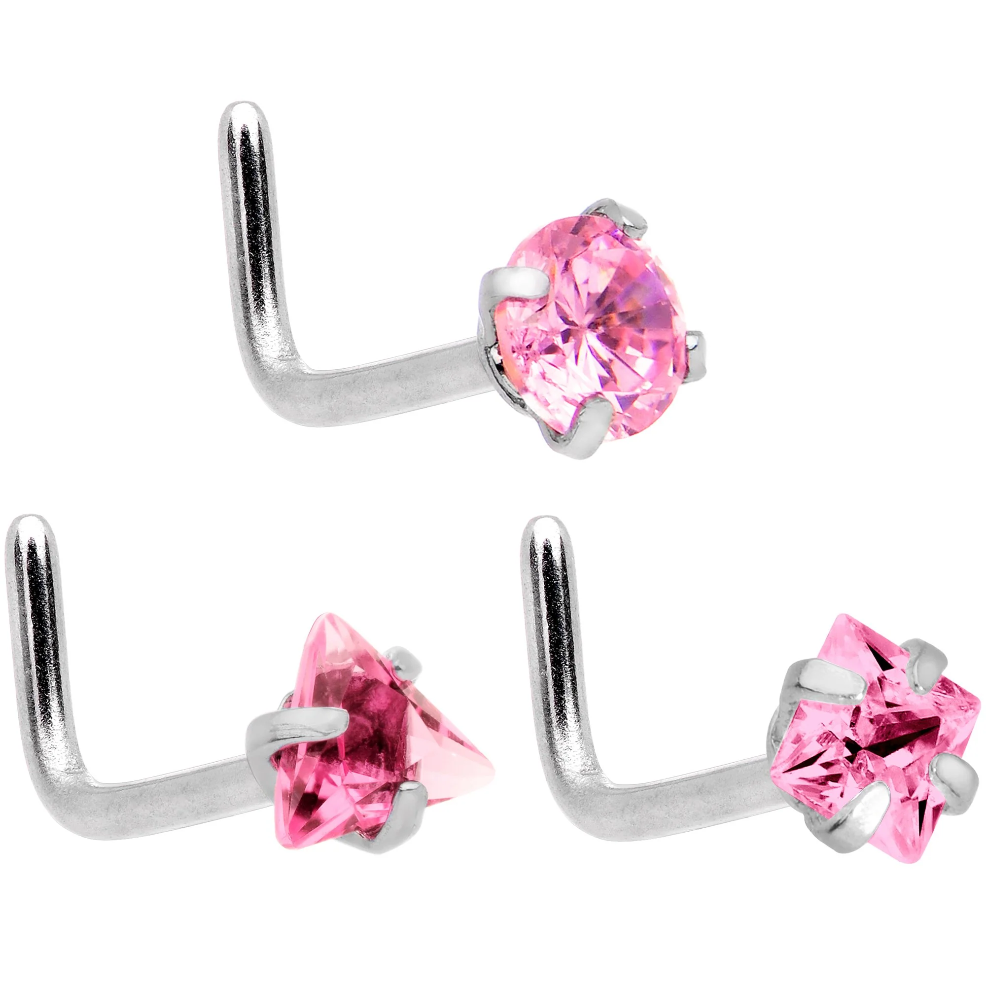 20G 5/16 Clear Pink Gem Variety L Shaped Nose Ring 6 Pack Set - Image 3