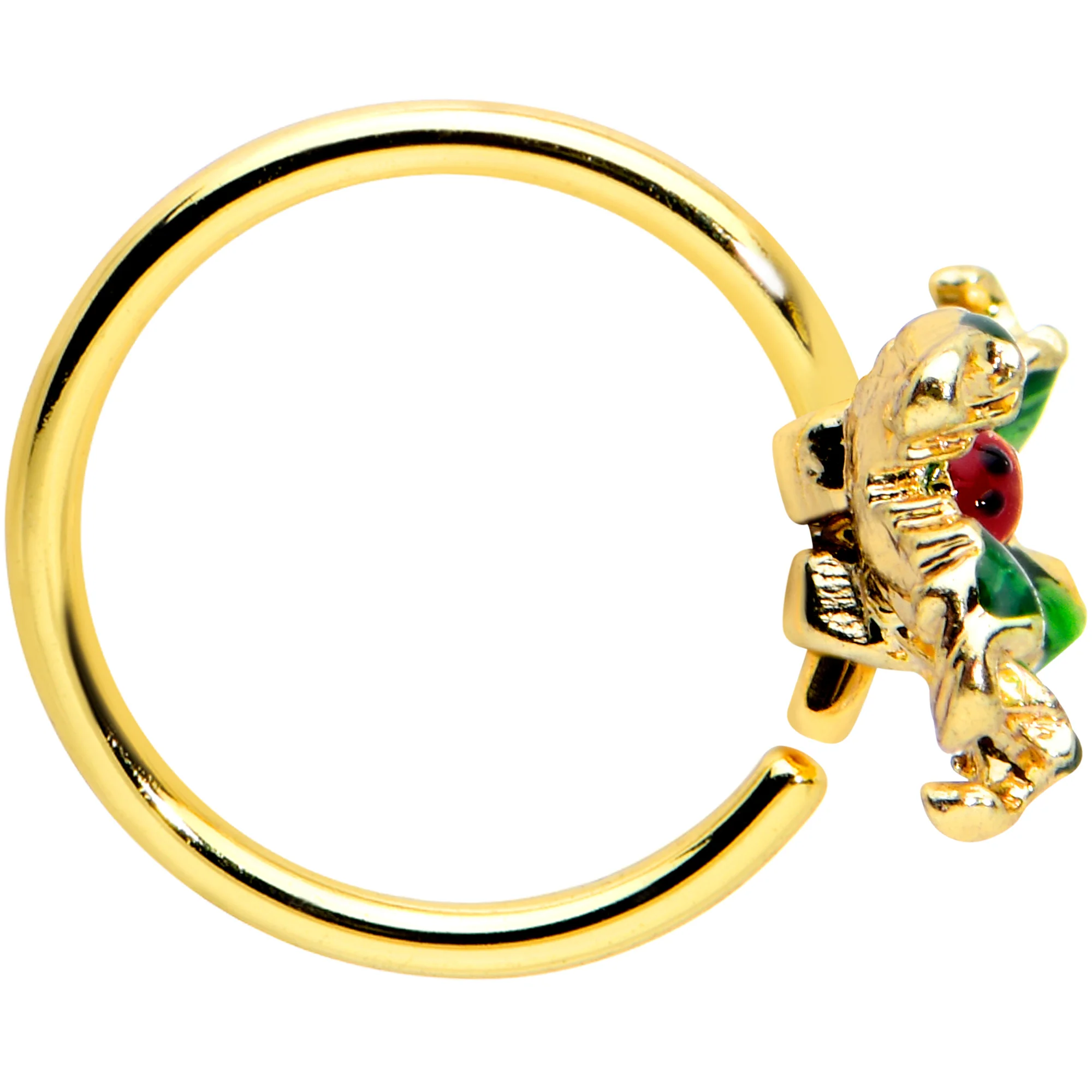 20G 5/16 Gold Tone Tiny Ladybug Leaves Nose Hoop - Image 3