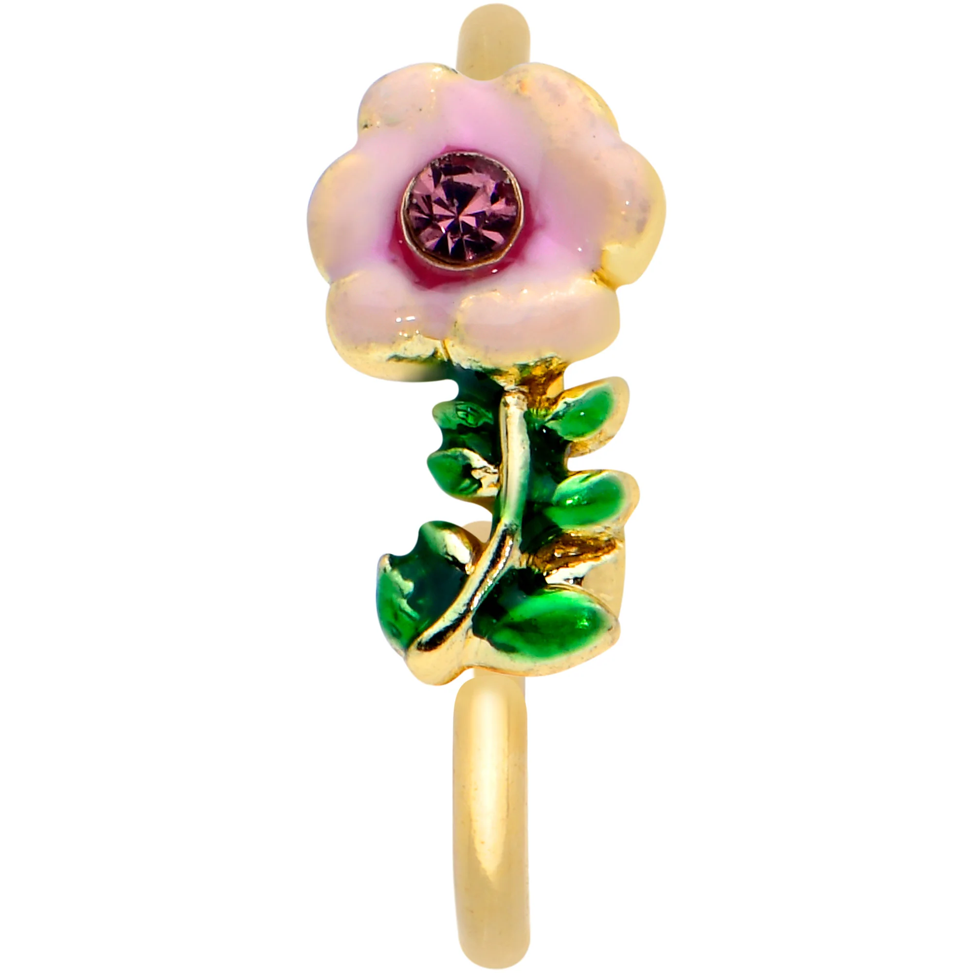 20G 5/16 Purple CZ Gem Gold Tone Pink Flower Nose Hoop - Image 2