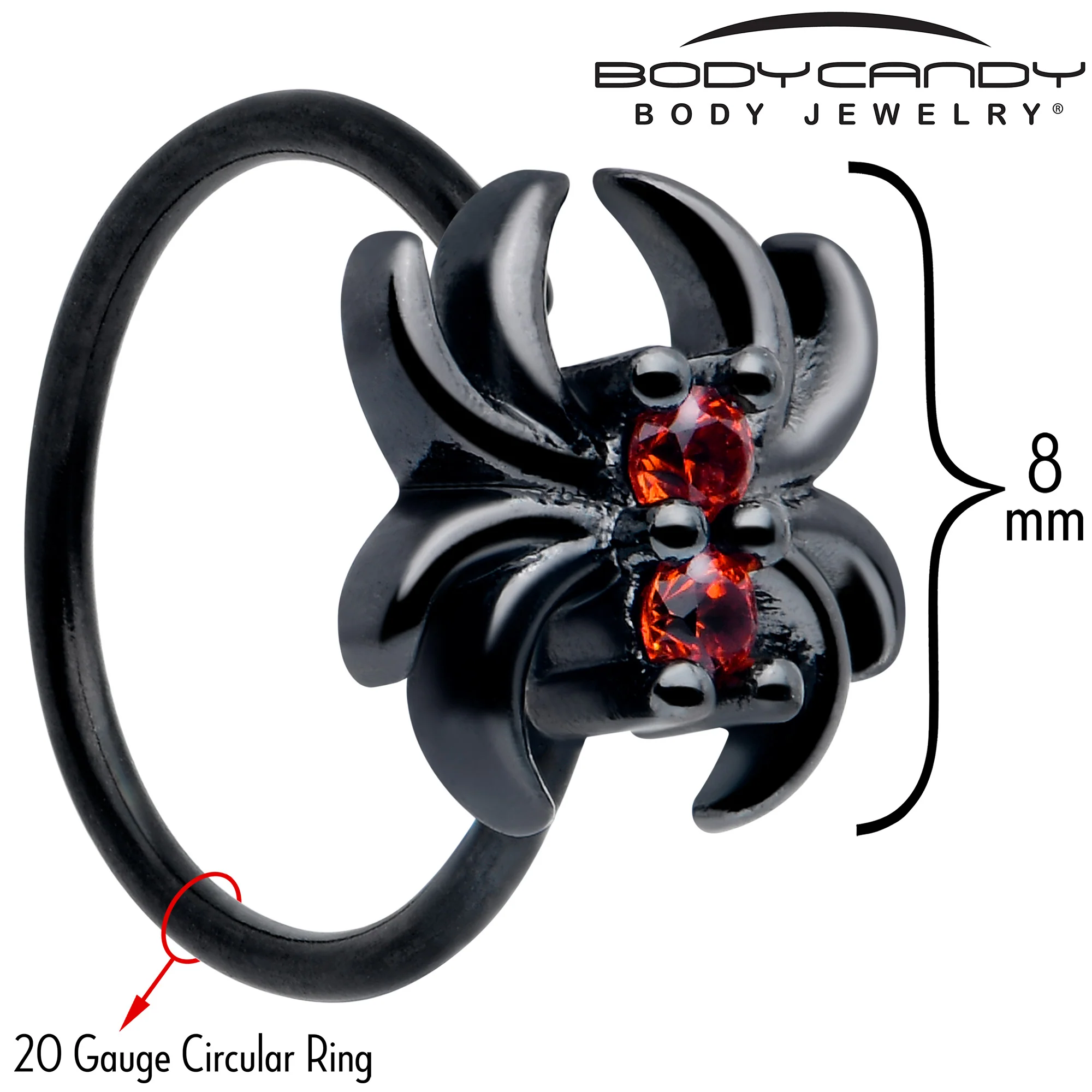 20G 5/16 Red CZ Gem Black Sleek Spider Nose Hoop - Image 2