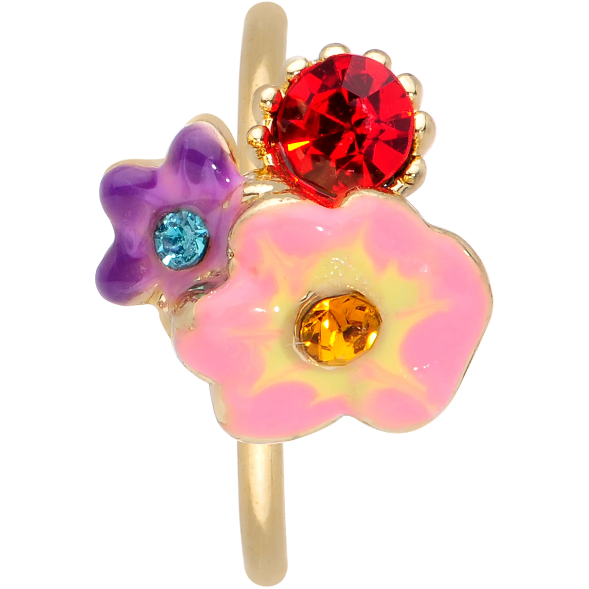 20G 5/16 Red Pink Gem Gold Tone Multi Flower Nose Hoop - Image 3