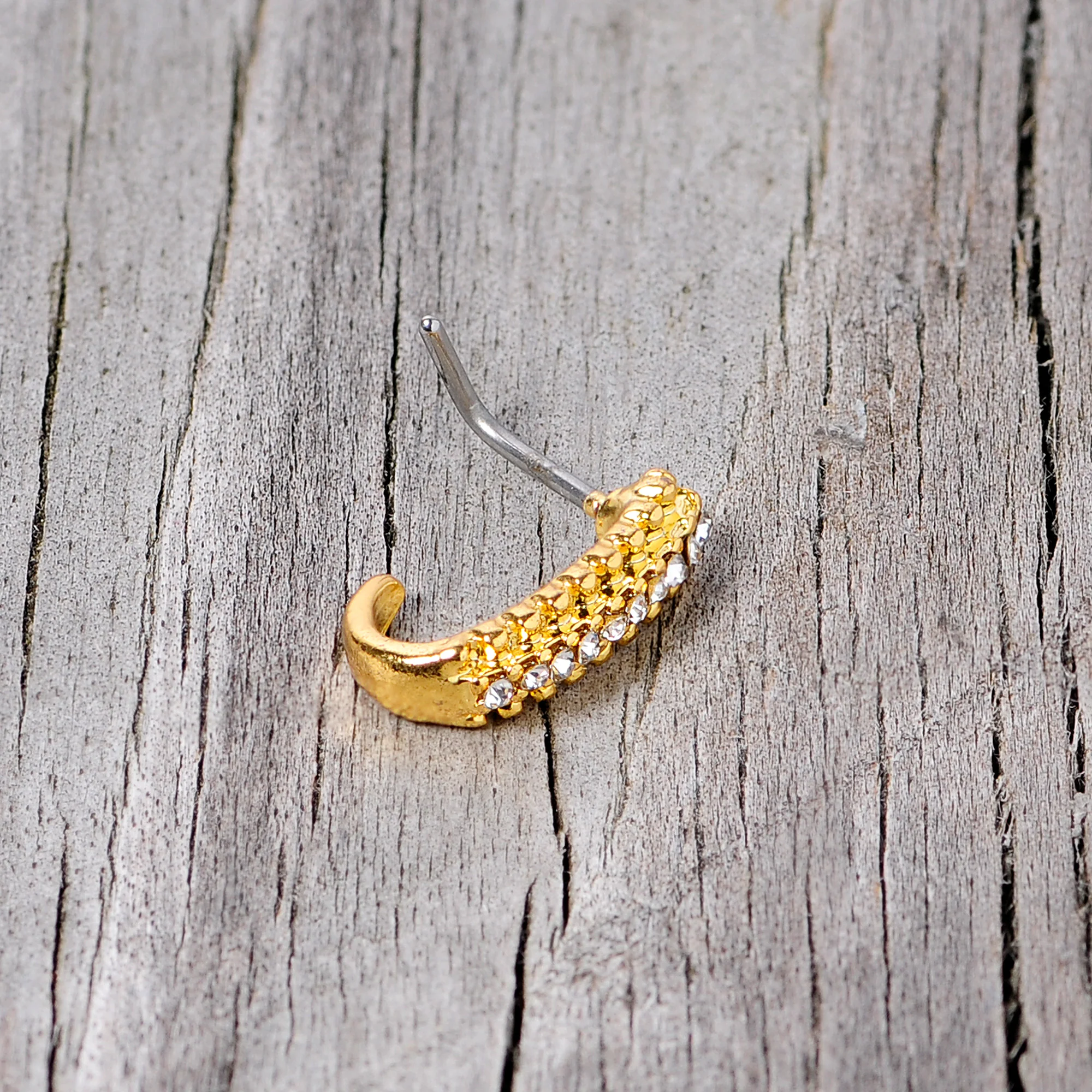 20G 5/16 Clear Gem Gold Tone Texture Faux Hoop L Shaped Nose Ring - Image 3