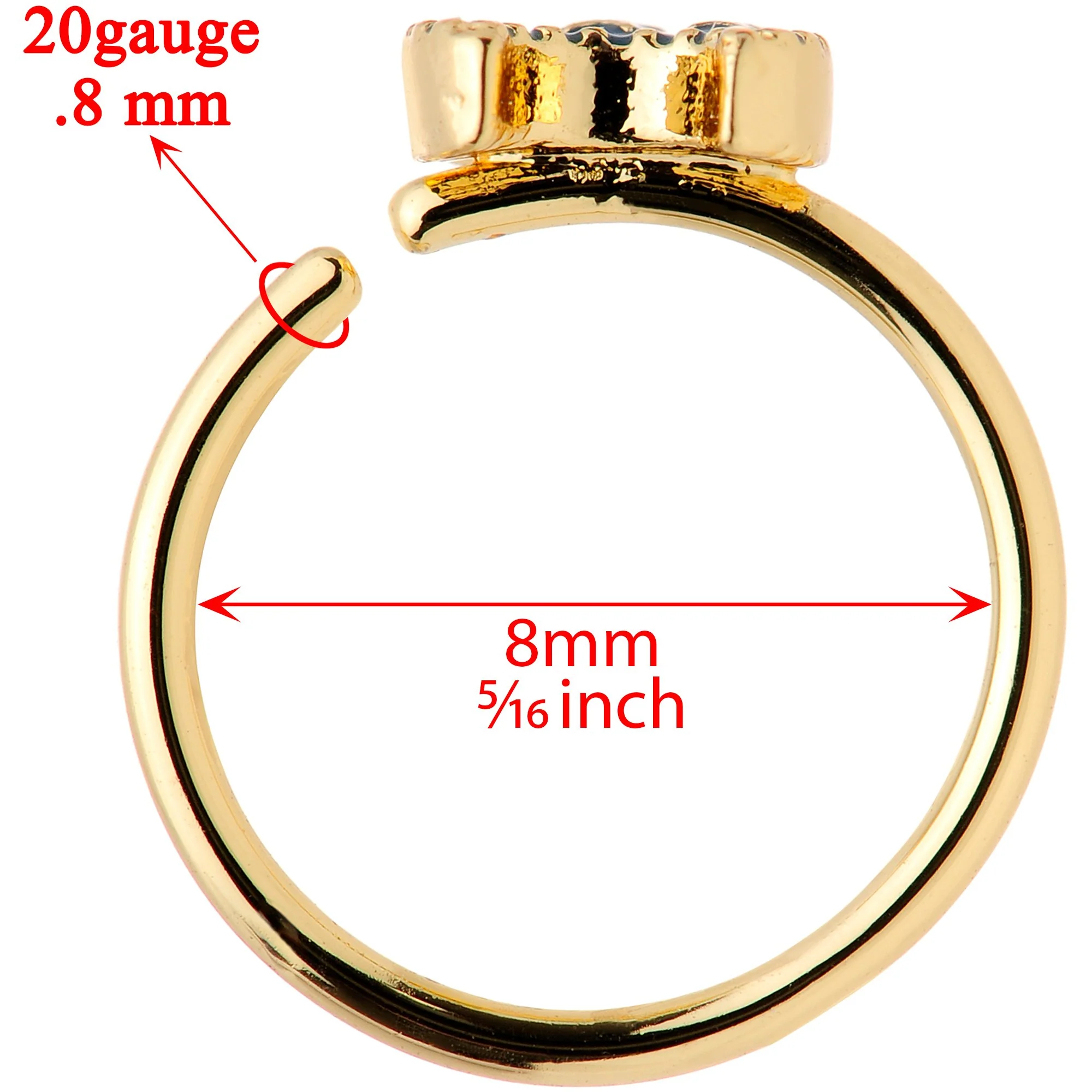 20G 5/16 Gold Tone Blue Crescent Moon and Stars Nose Hoop - Image 4