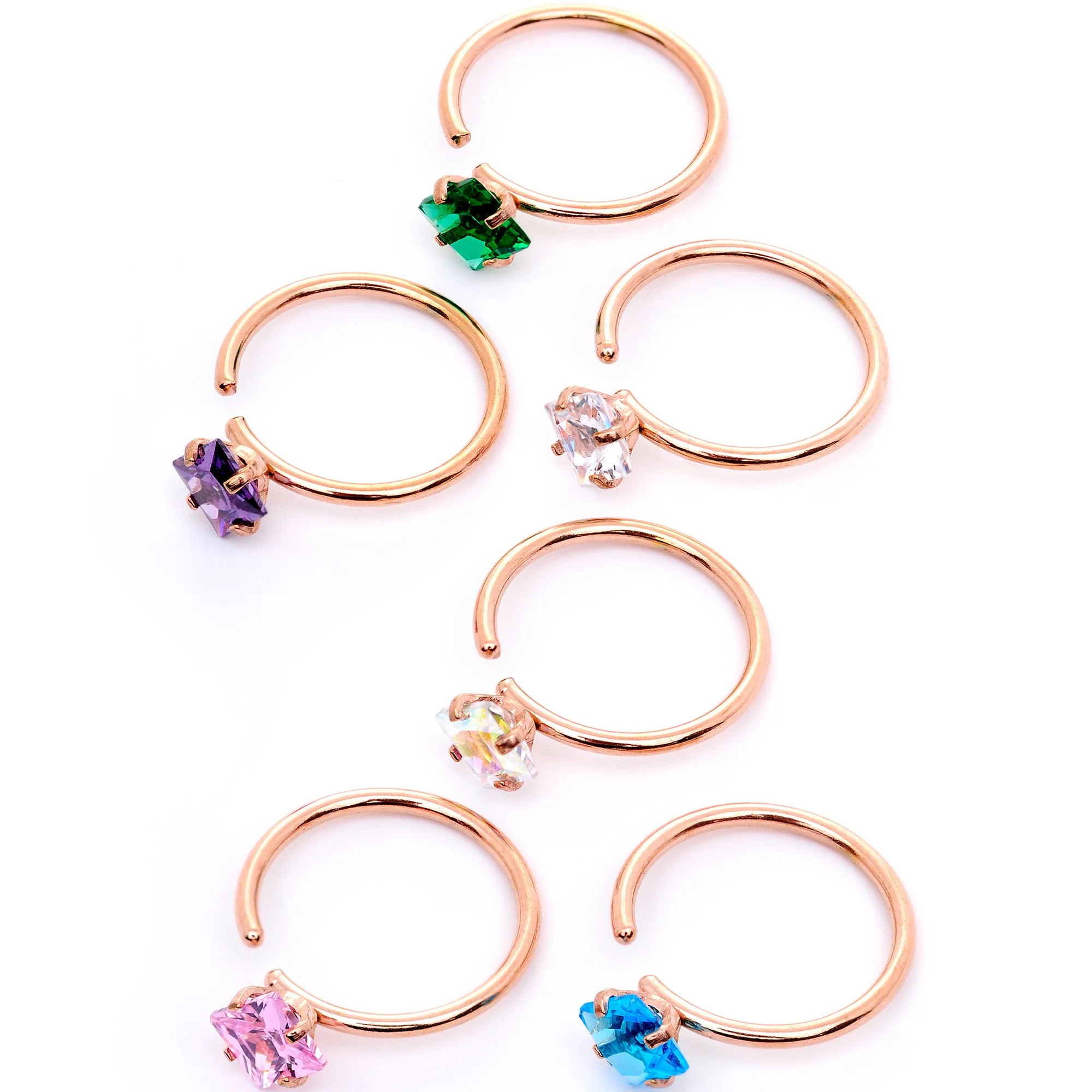 20G 5/16 Pastel Gem Rose Gold Tone Nose Hoop Set of 6 - Image 2