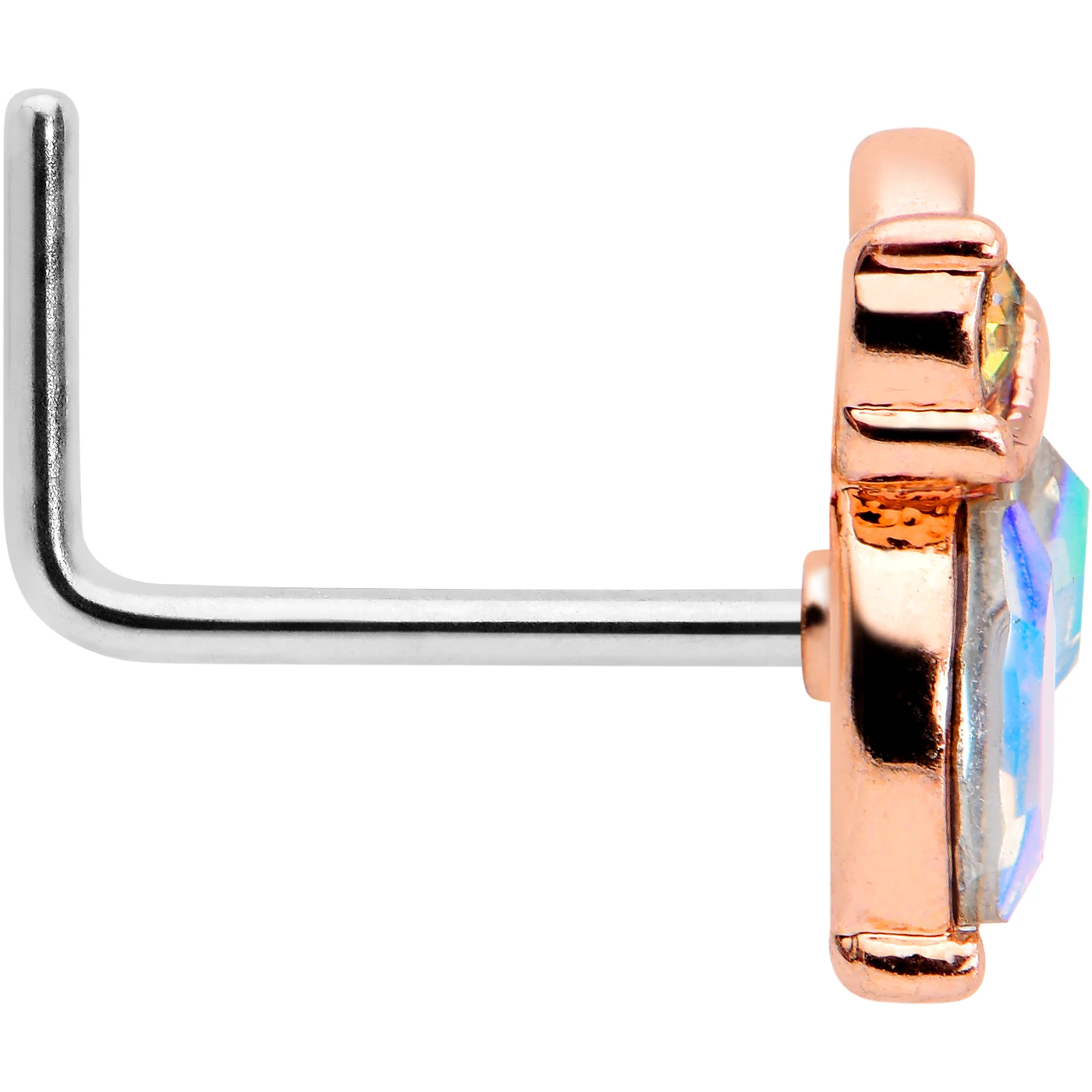 20G 7mm Aurora CZ Gem Fleur de Lis Rosy Butterfly L Shape Nose Ring - Image 3