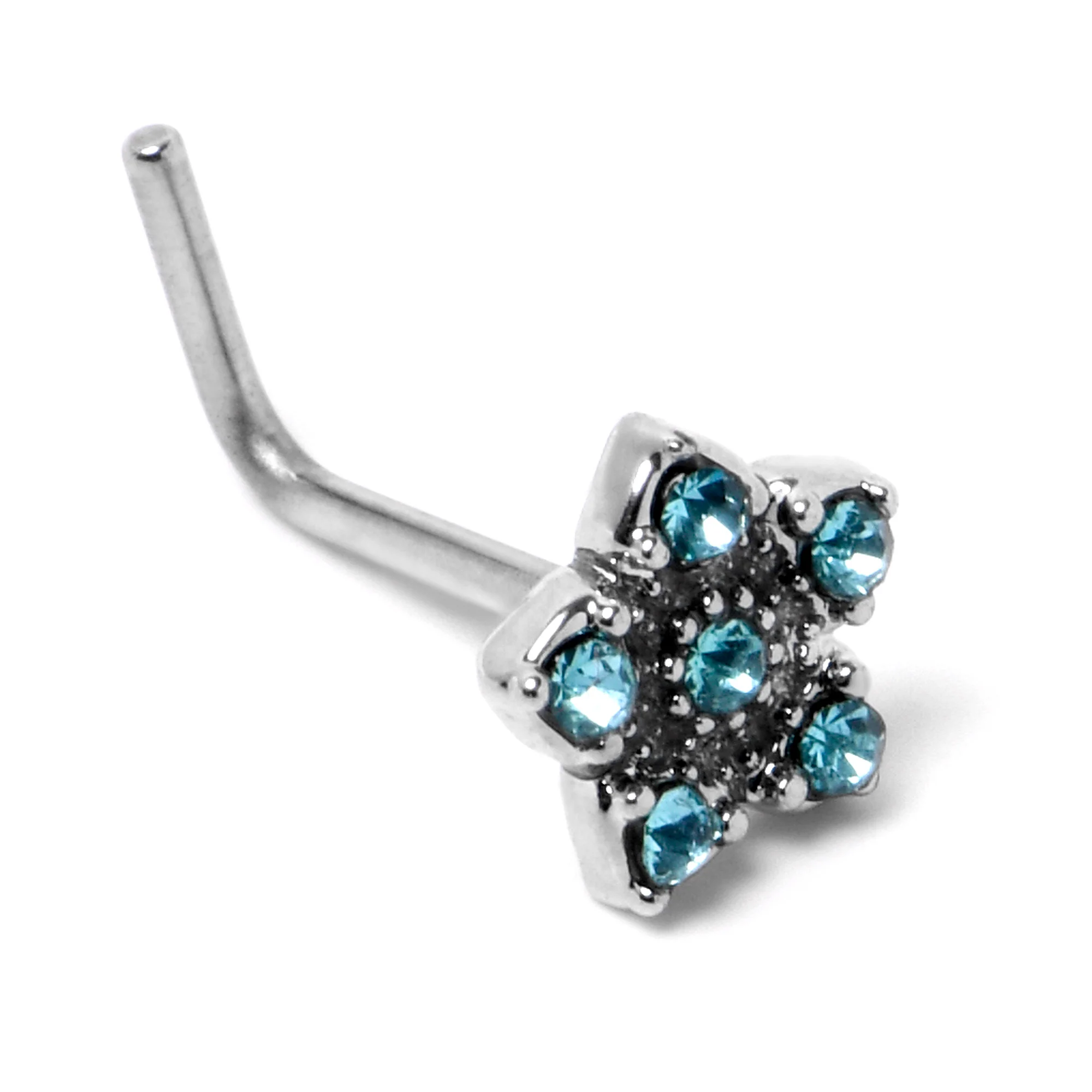 20G 7mm Blue Clear Gem Star Flower L Shape Nose Ring - Image 5