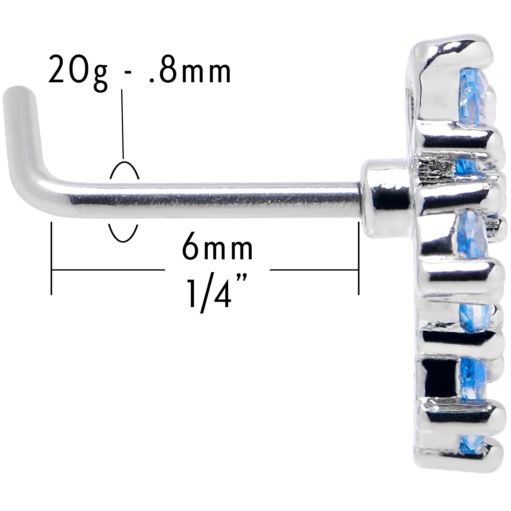 20G 7mm Blue CZ Gem Classic Cross L Shape Nose Ring - Image 5